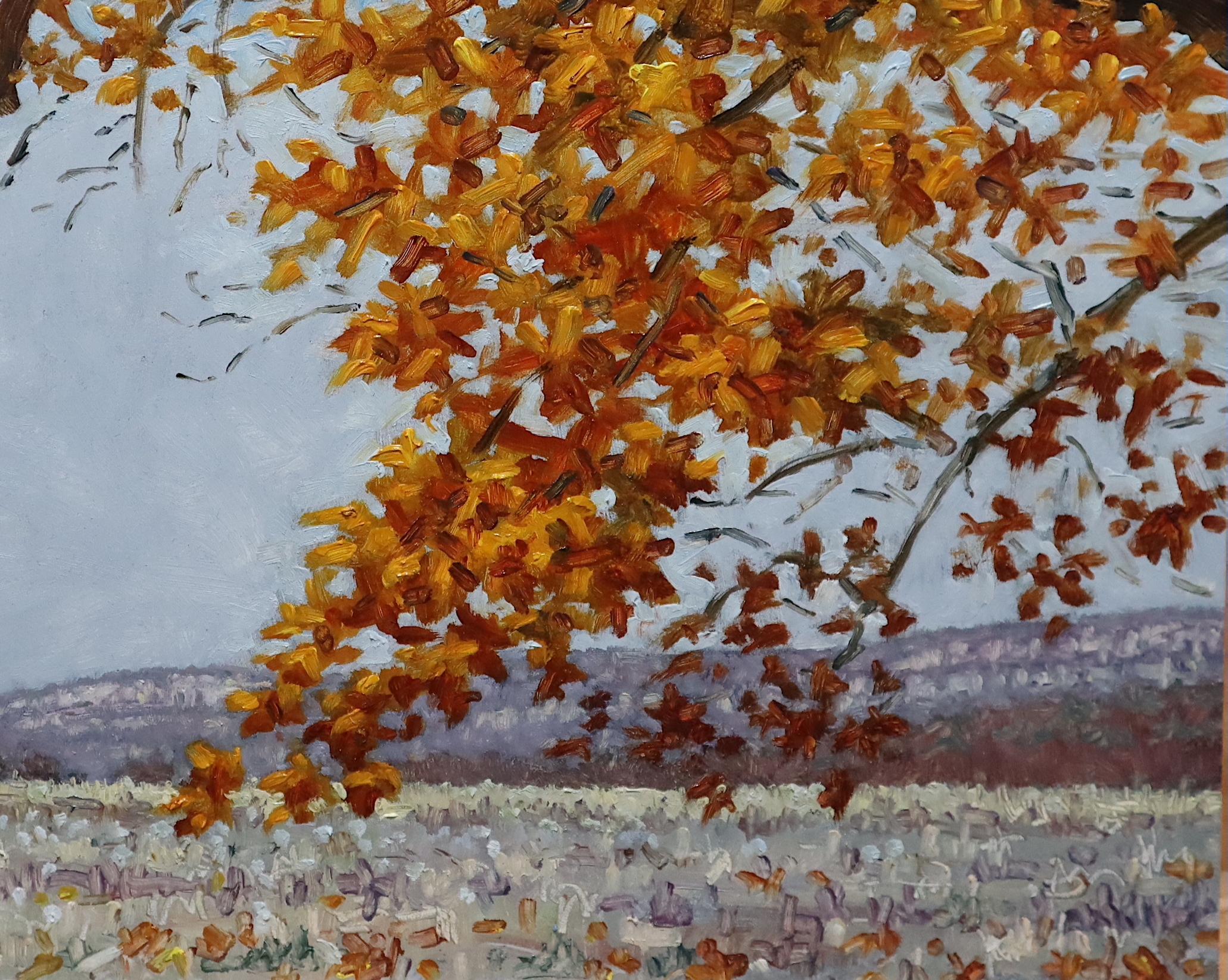 Field Painting November 10 2020, Orange Tree, Brown, Autumn Landscape For Sale 3