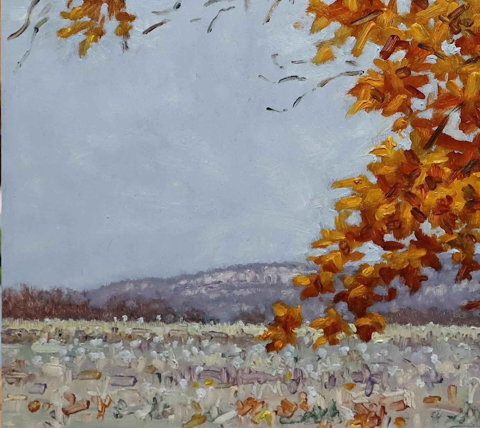 Field Painting November 10 2020, Orange Tree, Brown, Autumn Landscape For Sale 4