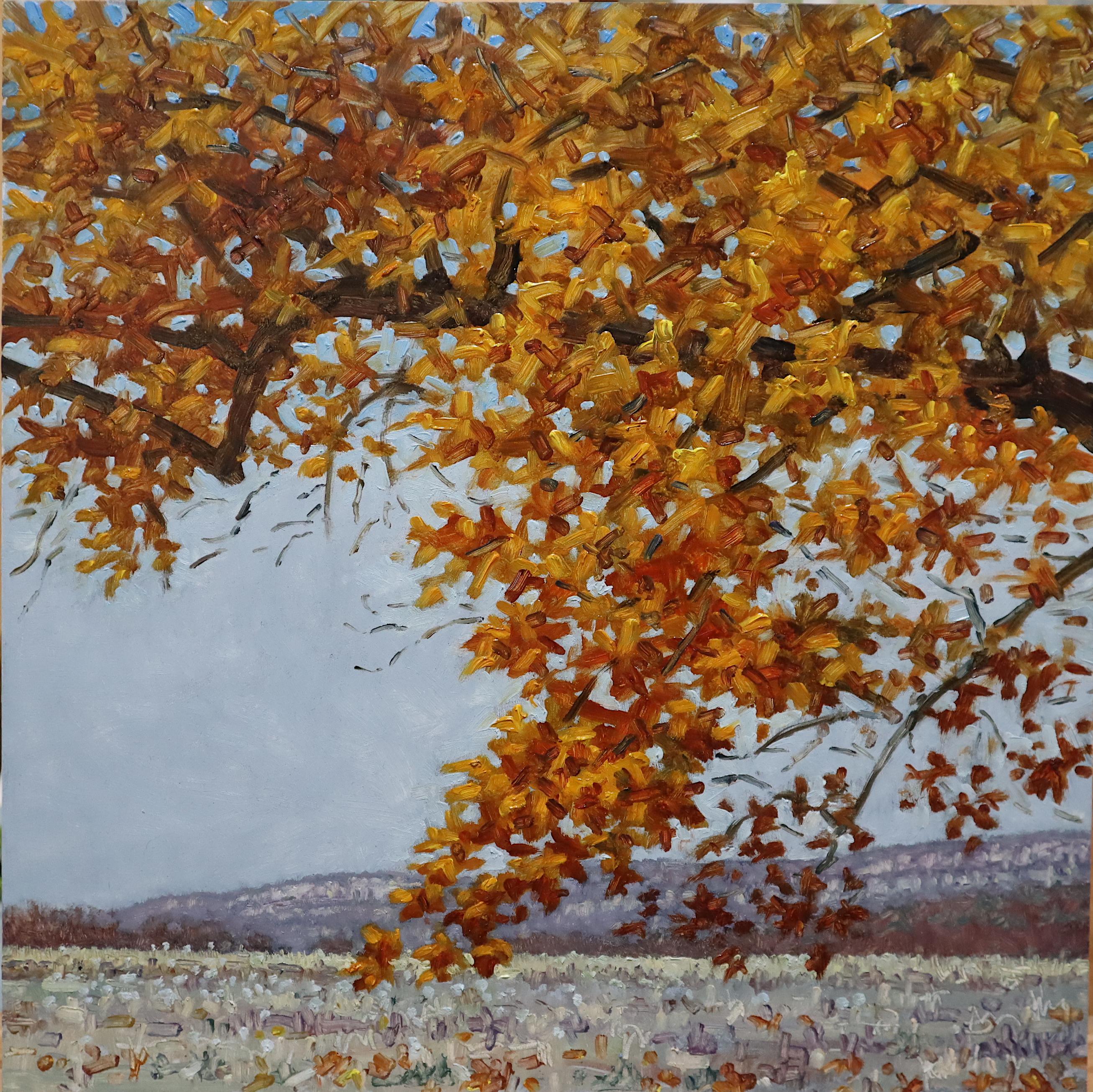 Thomas Sarrantonio Landscape Painting - Field Painting November 10 2020, Orange Tree, Brown, Autumn Landscape