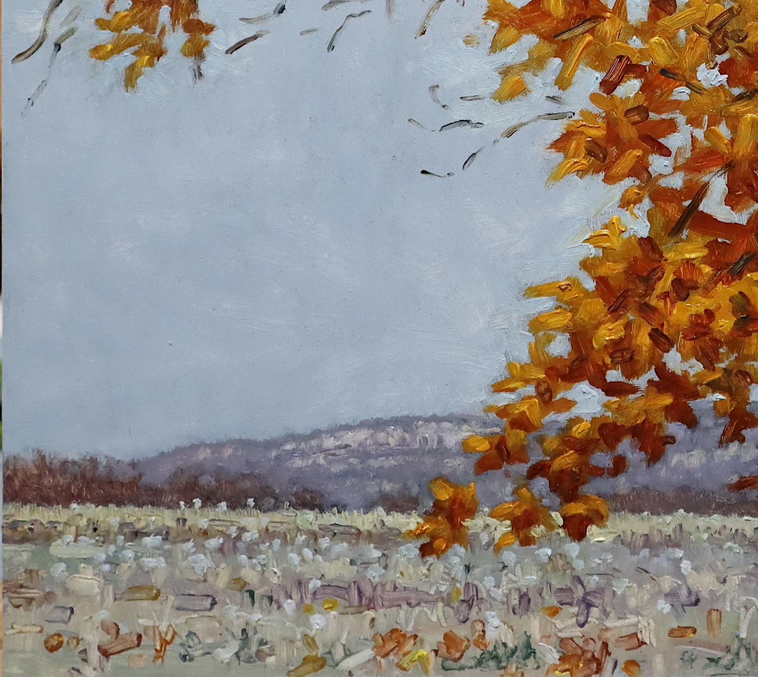 Field Painting November 10 - Orange Tree Brown Autumn Landscape Fall, 2020 For Sale 4