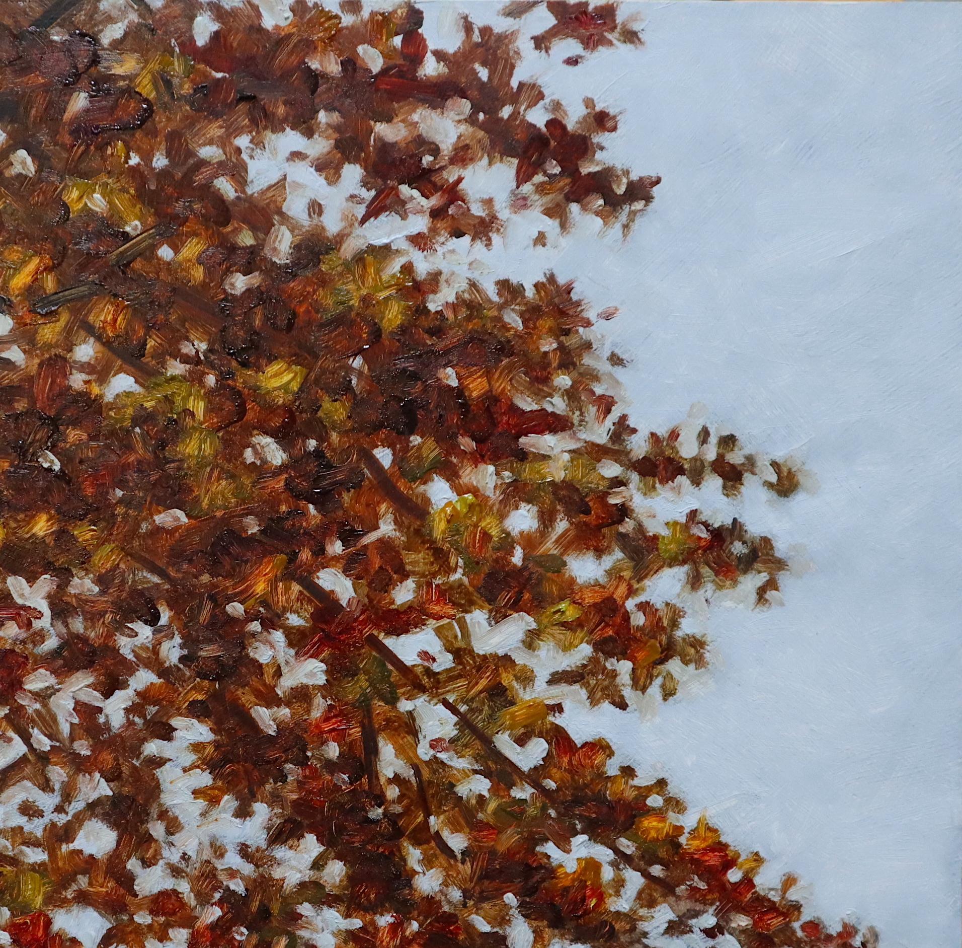 Field Painting November 5 2020, Golden Dark Red Fall Tree, Autumn, Burgundy For Sale 2