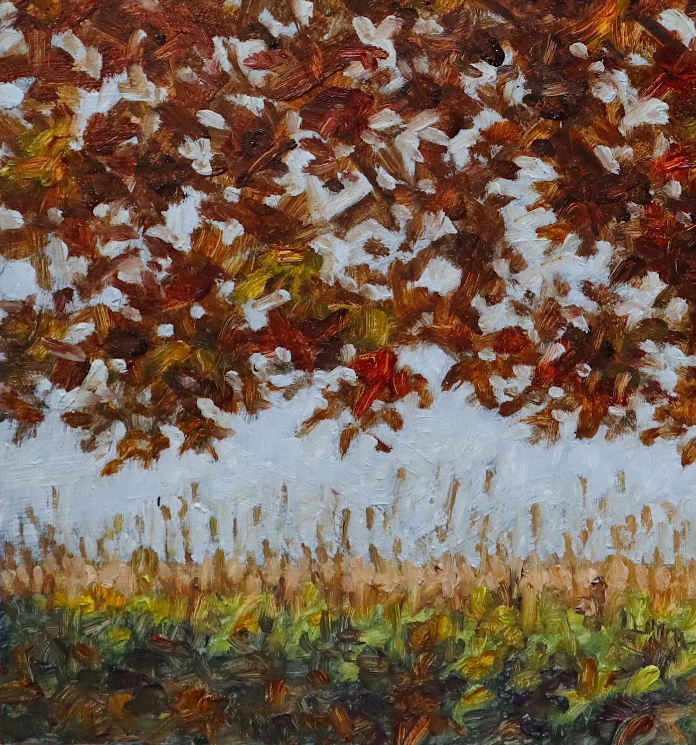 Field Painting November 5 2020, Golden Dark Red Fall Tree, Autumn, Burgundy For Sale 3