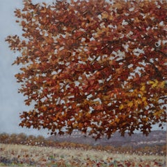 Field Painting November 6 2020, Landscape, Dark Red Tree, Field in Autumn, Blue