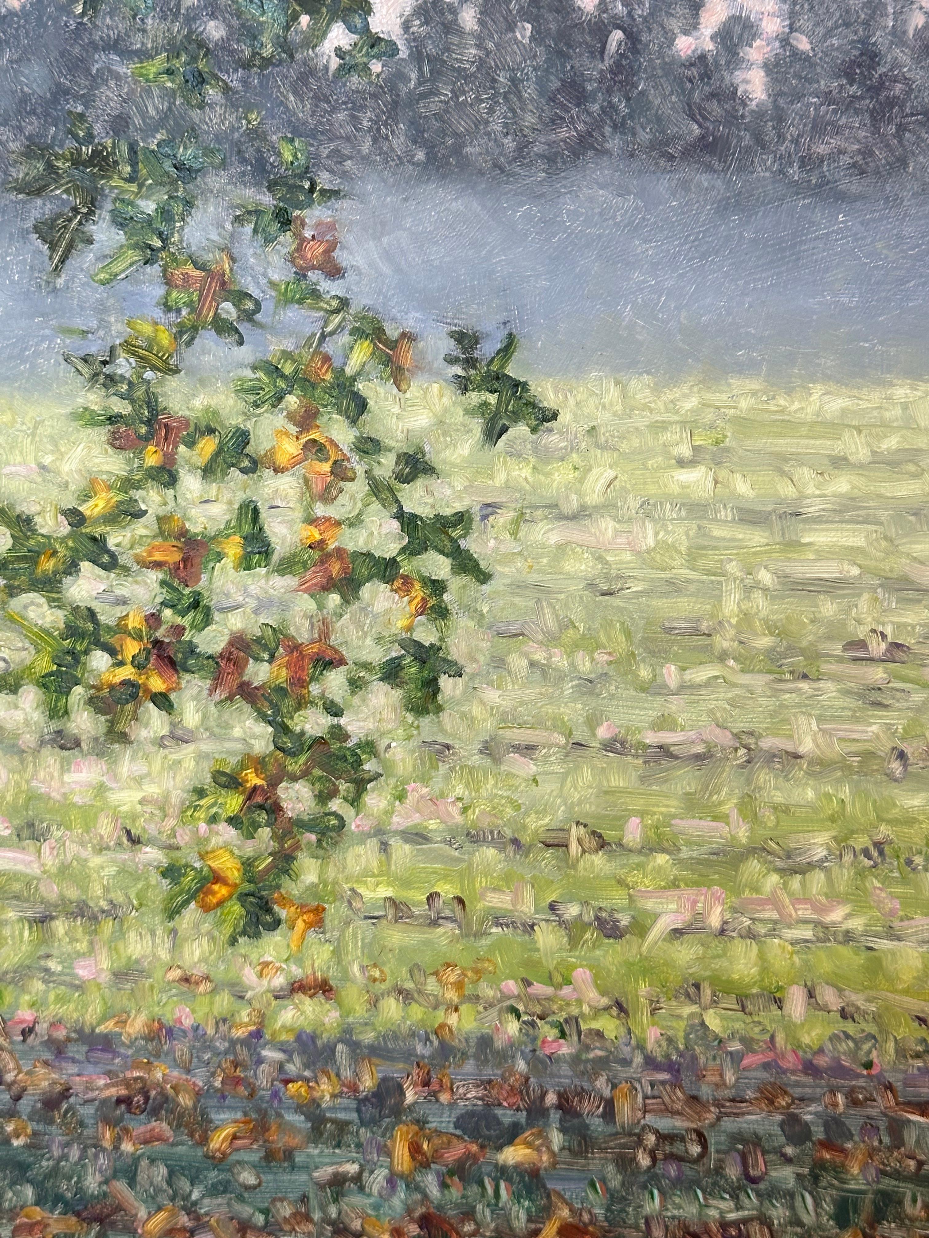 Pintura de campo 12 de octubre - Paisaje contemporáneo Pintura al óleo Árbol, 2023 - Landscape Painting Gris de Thomas Sarrantonio
