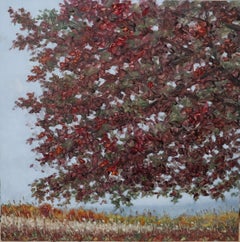 Field Painting October 20 2020, Landscape with Dark Red Tree, Field in Autumn