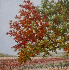 Field Painting October 21 2020, Botanical Landscape, Red Tree, Field, Autumn
