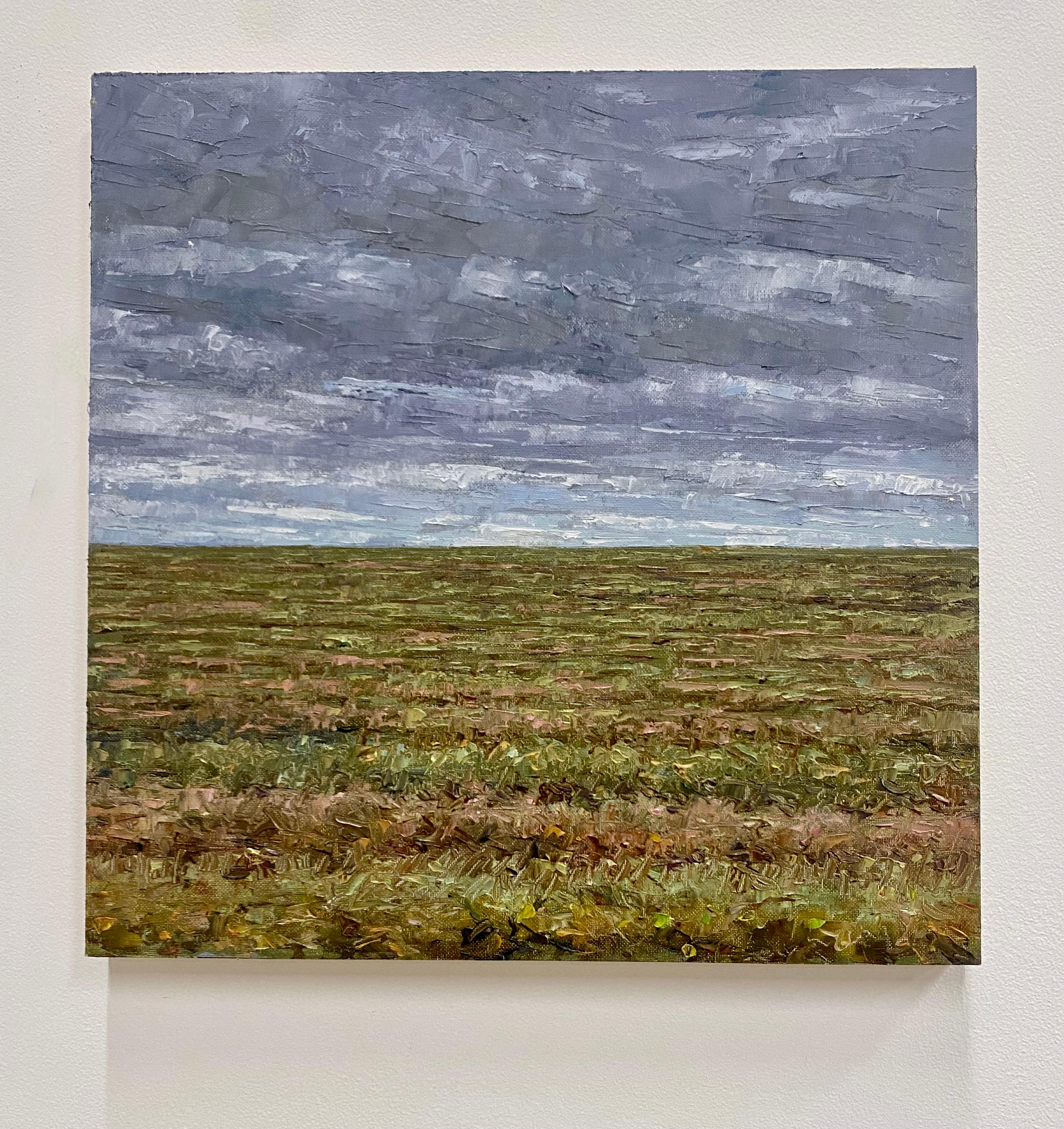 A peaceful outdoor scene in autumn: a delicately painted field beneath a gray, cloudy sky, beautifully capturing the idyllic feel of a field in late October. Signed, dated and titled on verso.

The paintings of Thomas Sarrantonio seek to mediate