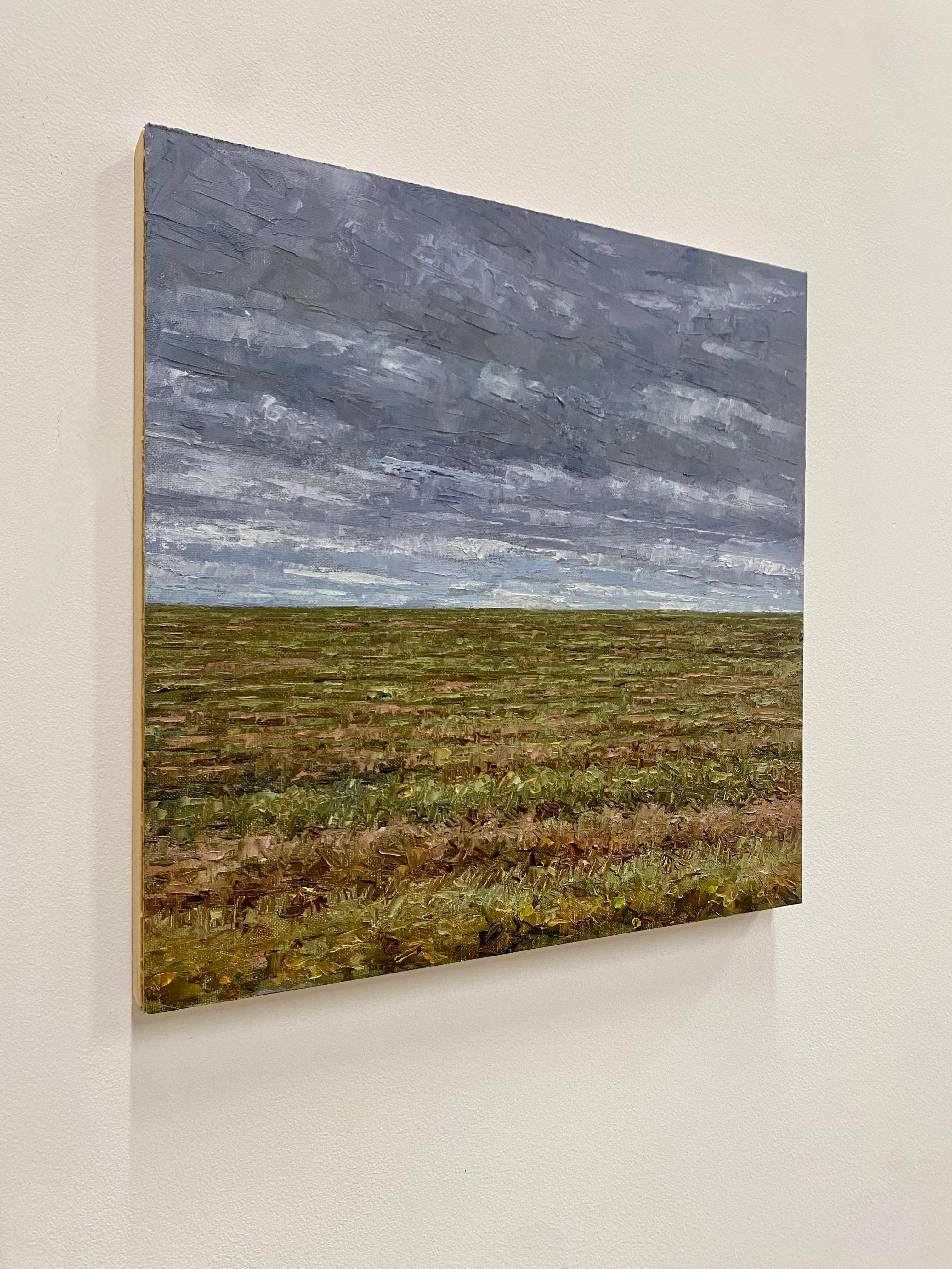 Field Painting October 27 2021, Green, Brown Grass, Gray Sky Autumn Landscape For Sale 1