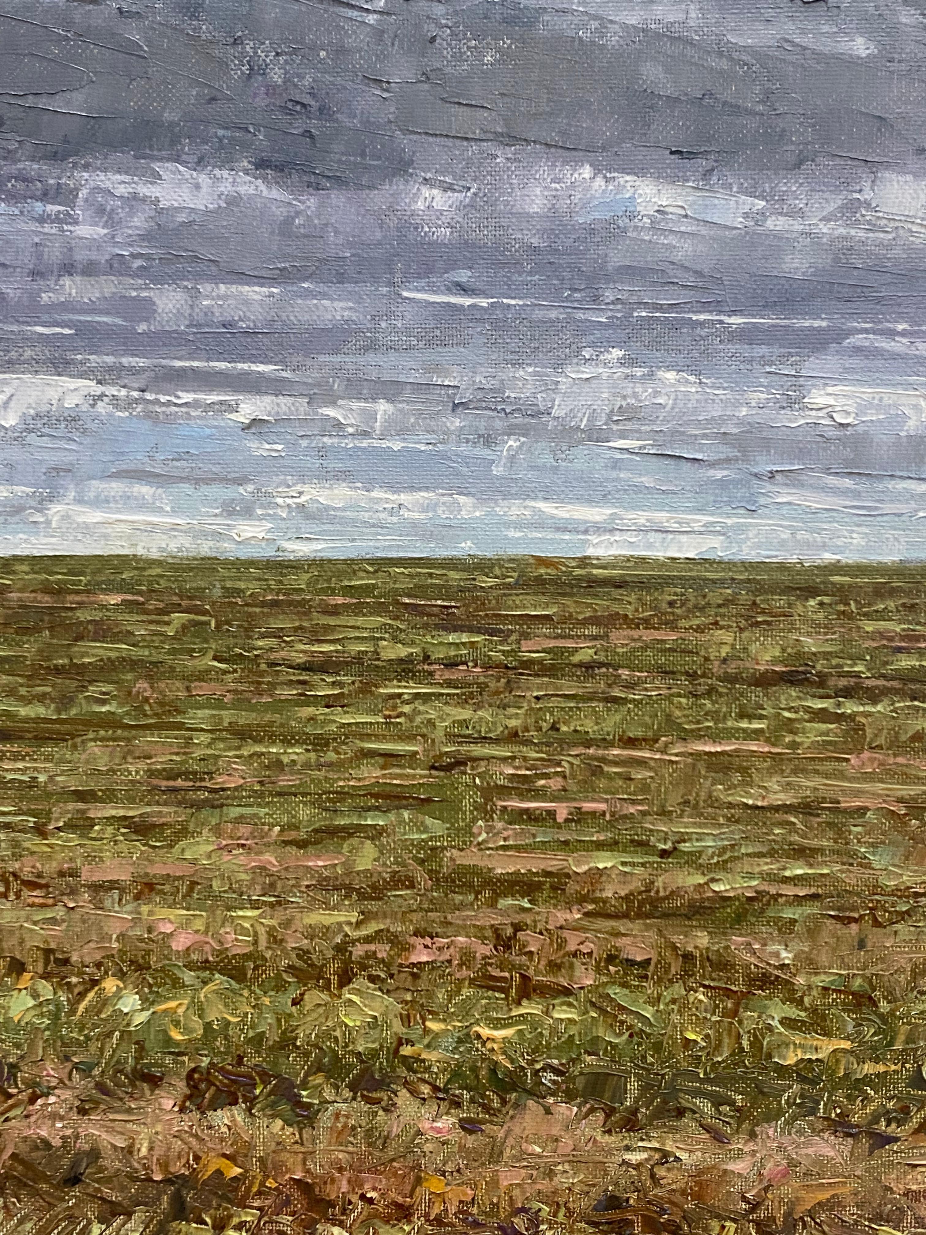 Field Painting October 27 2021, Green, Brown Grass, Gray Sky Autumn Landscape For Sale 4