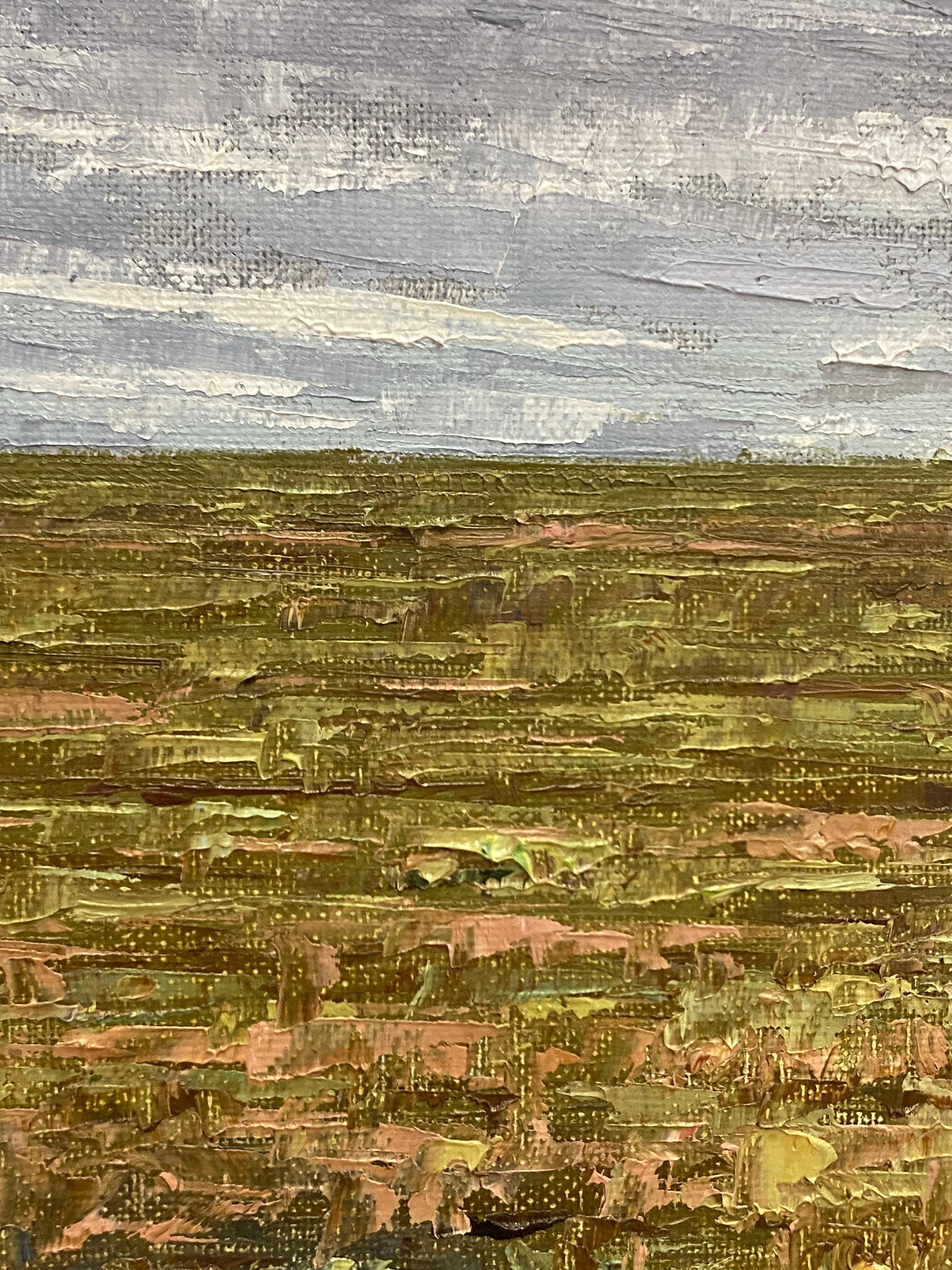 Field Painting October 27 2021, Green, Brown Grass, Gray Sky Autumn Landscape For Sale 6