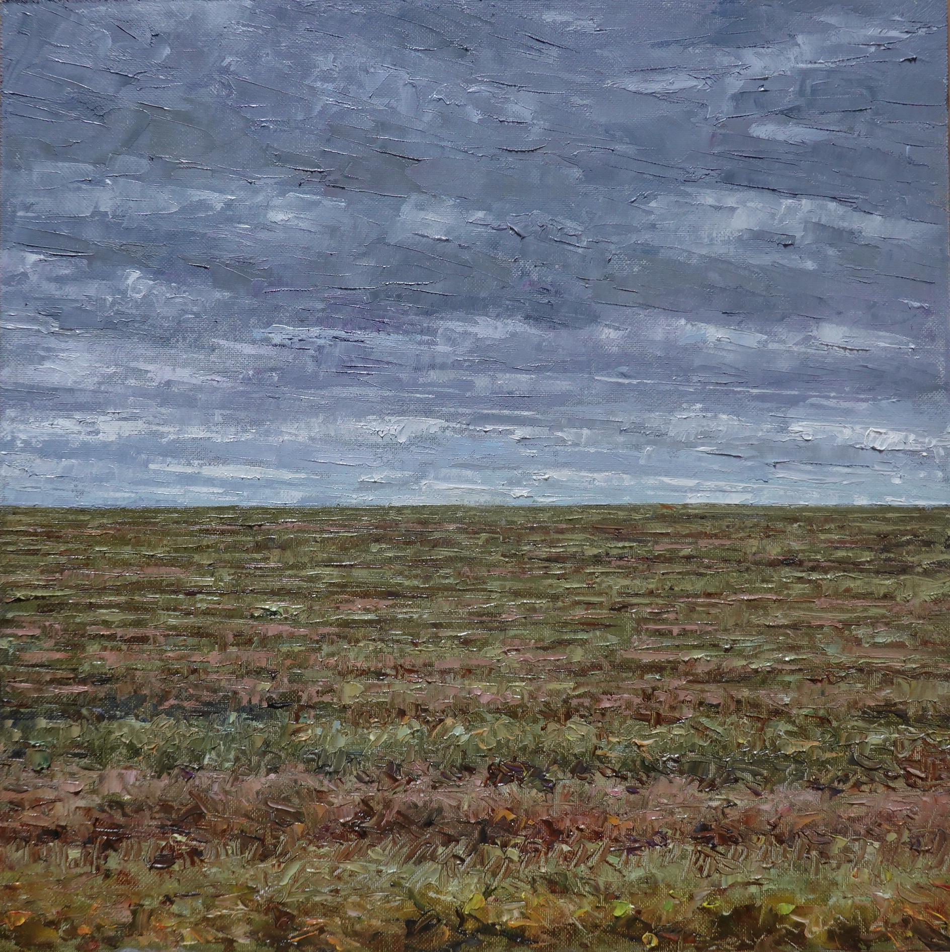 Thomas Sarrantonio Landscape Painting - Field Painting October 27 2021, Green, Brown Grass, Gray Sky Autumn Landscape