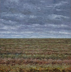 Field Painting October 27 2021, Green, Brown Grass, Gray Sky Autumn Landscape