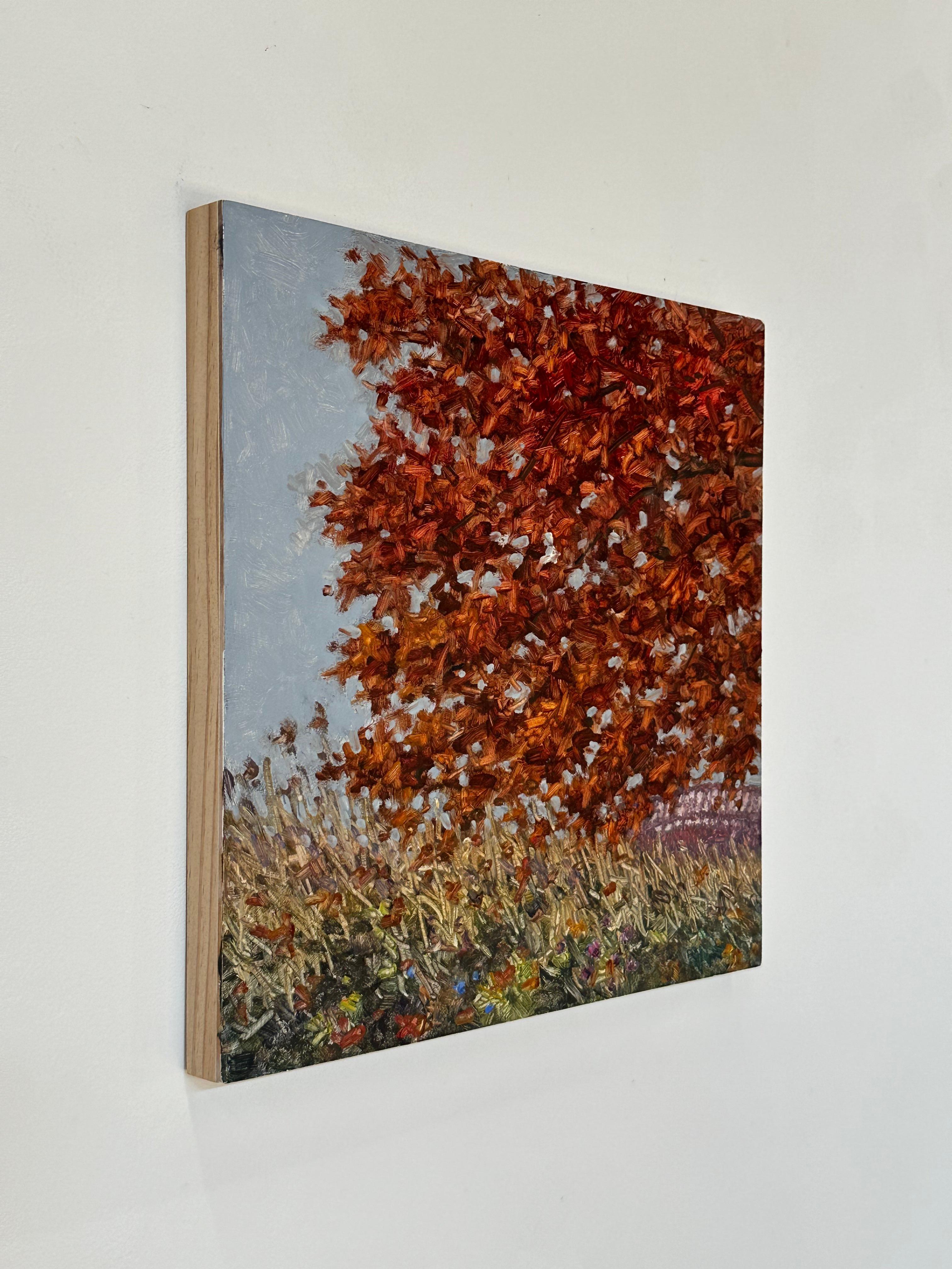 In this contemporary landscape painting in oil on panel, a peaceful autumn scene beautifully captures the idyllic feel of a tree with fall foliage over a field of wildflowers in late October. Signed, dated and titled on verso.

The paintings of