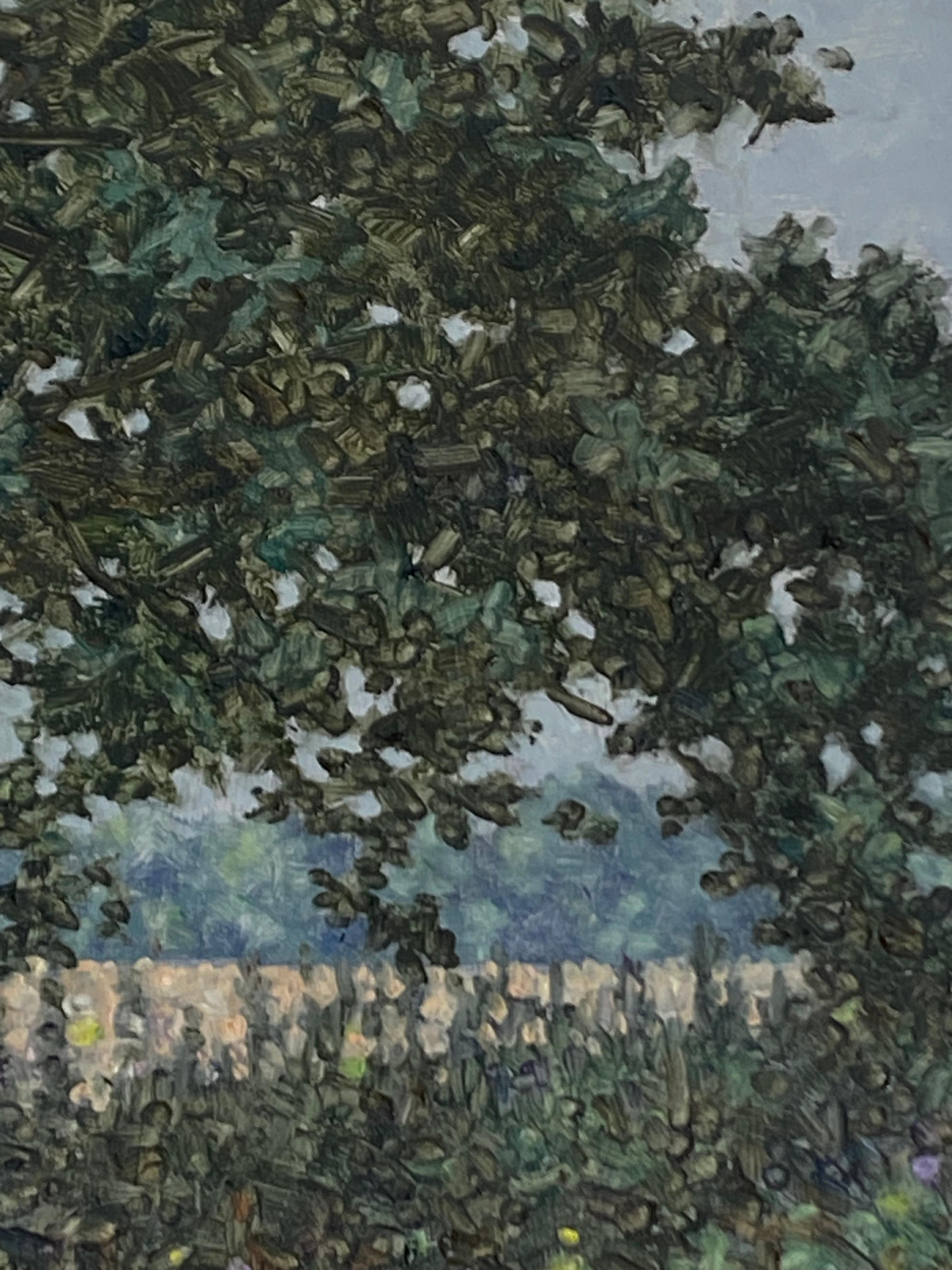 Field Painting September 12 2022, Dark Hunter Green Tree, Violet Purple Flowers For Sale 1