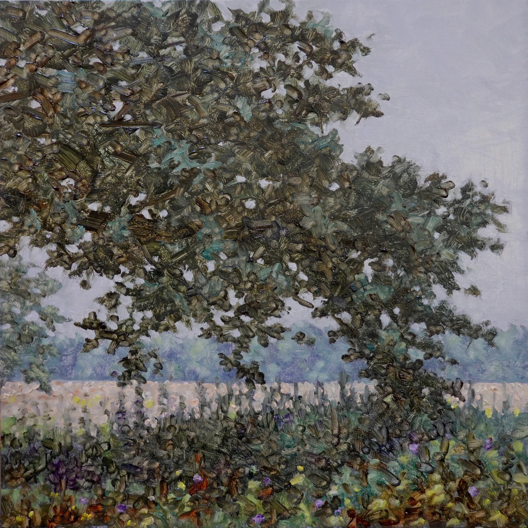Thomas Sarrantonio Landscape Painting - Field Painting September 12 2022, Dark Hunter Green Tree, Violet Purple Flowers