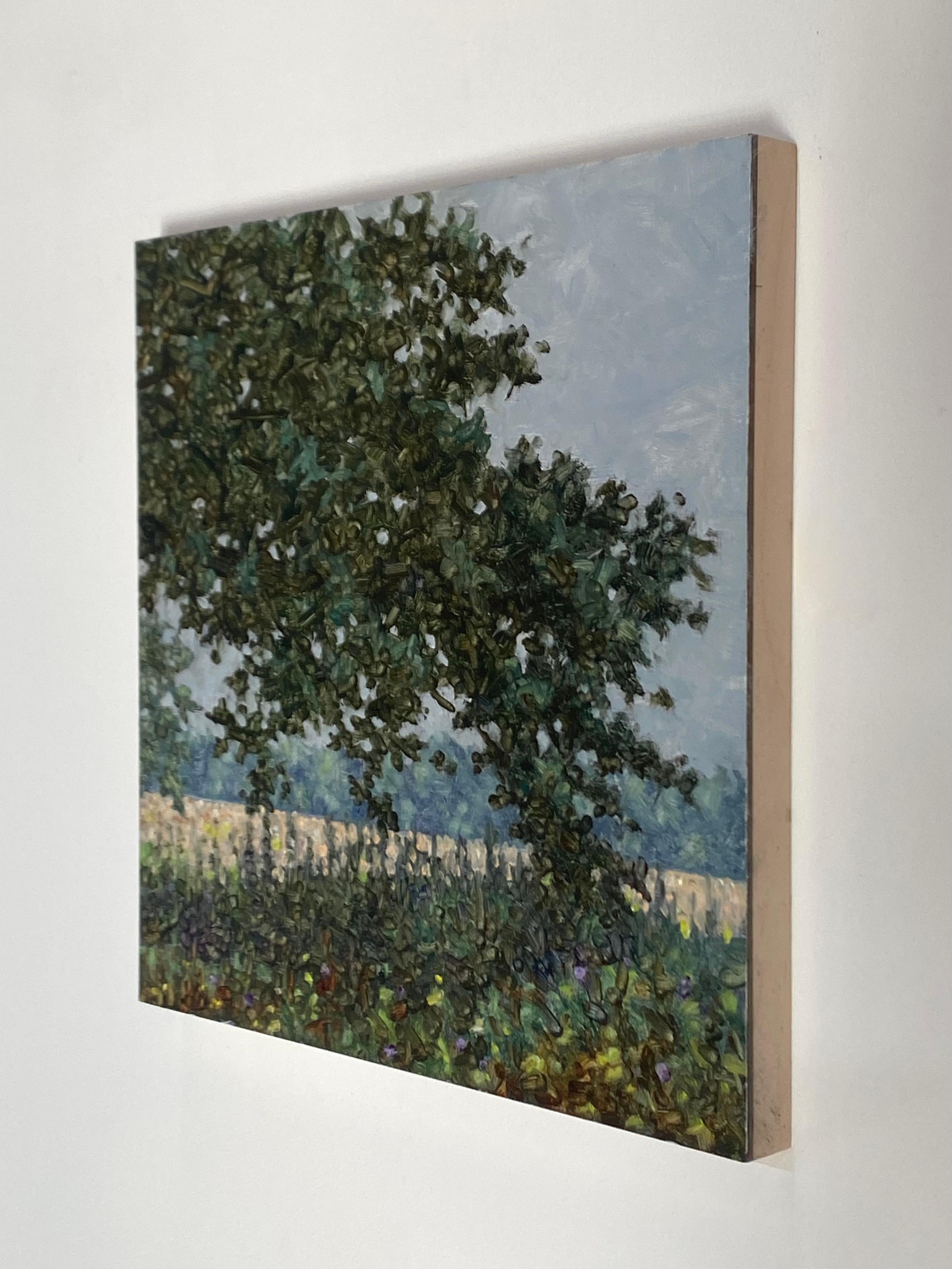 Field Painting September 12 - Green Tree Violet Purple Flowers Landscape, 2022 For Sale 7