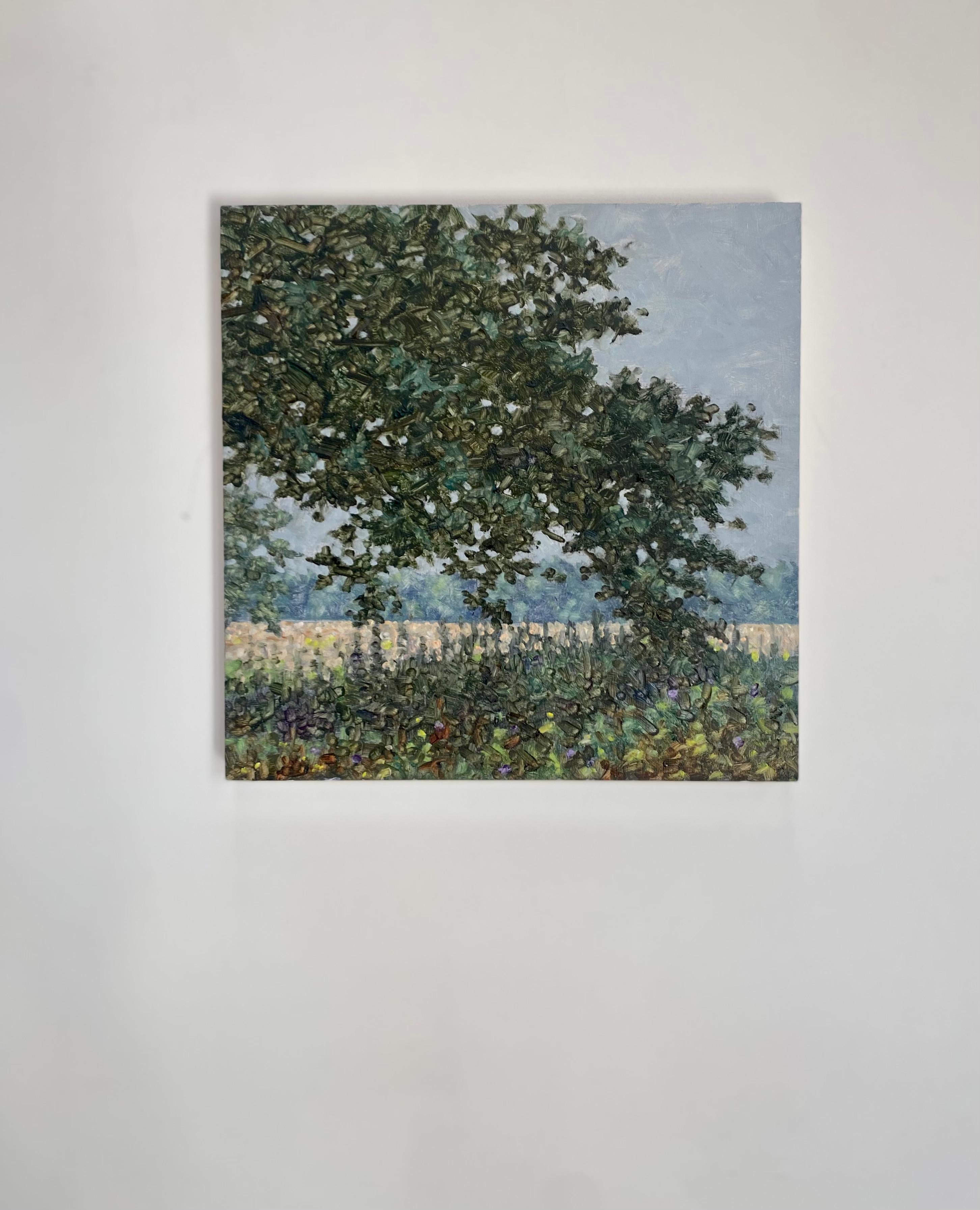 Field Painting September 12 - Green Tree Violet Purple Flowers Landscape, 2022 - Black Landscape Painting by Thomas Sarrantonio