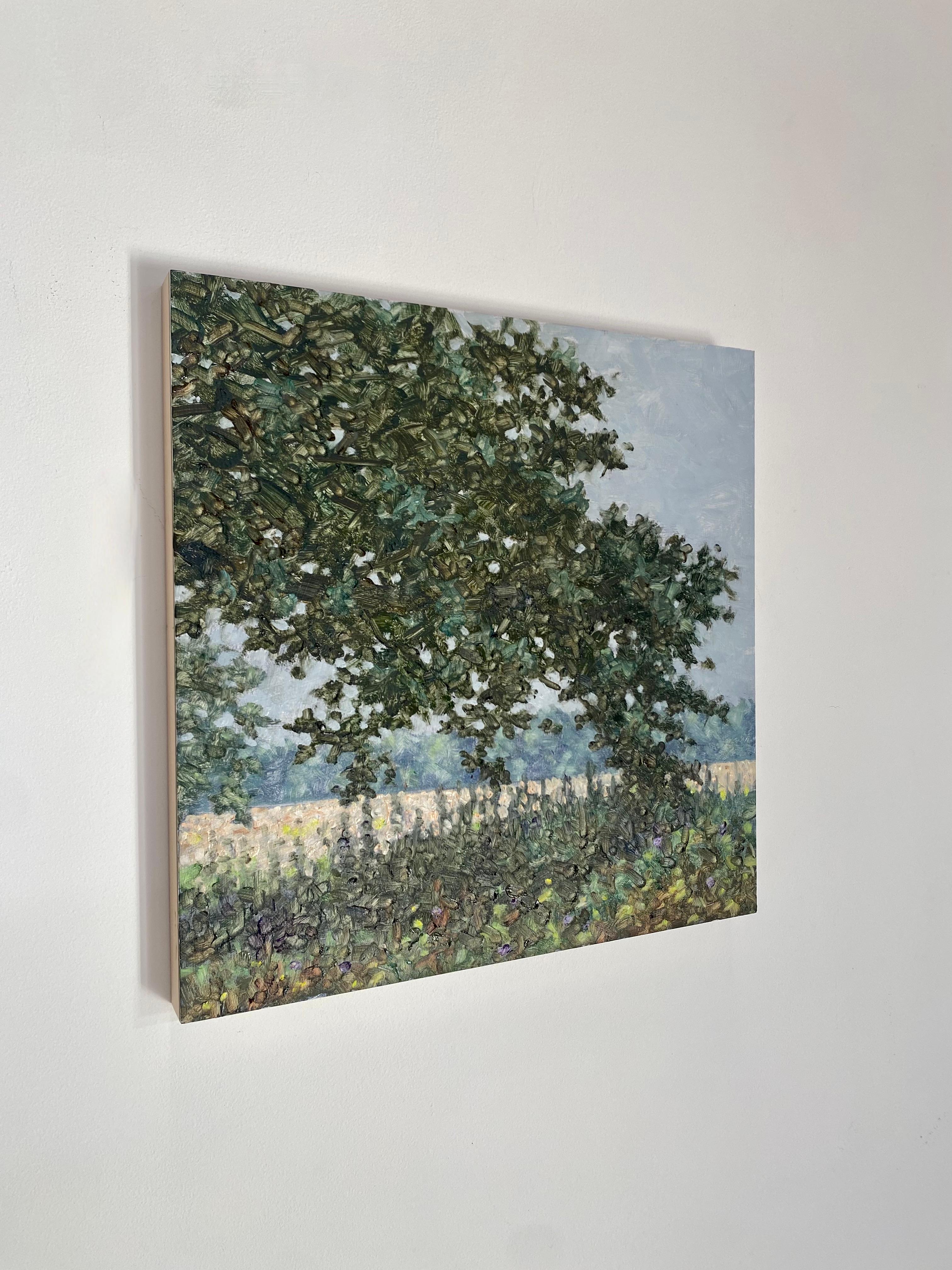A contemporary landscape painting in oil on panel of a peaceful outdoor scene with a delicately painted field of dark eggplant purple flowers beneath a tree with dark green leaves, beautifully capturing the idyllic feel of a field of wildflowers in