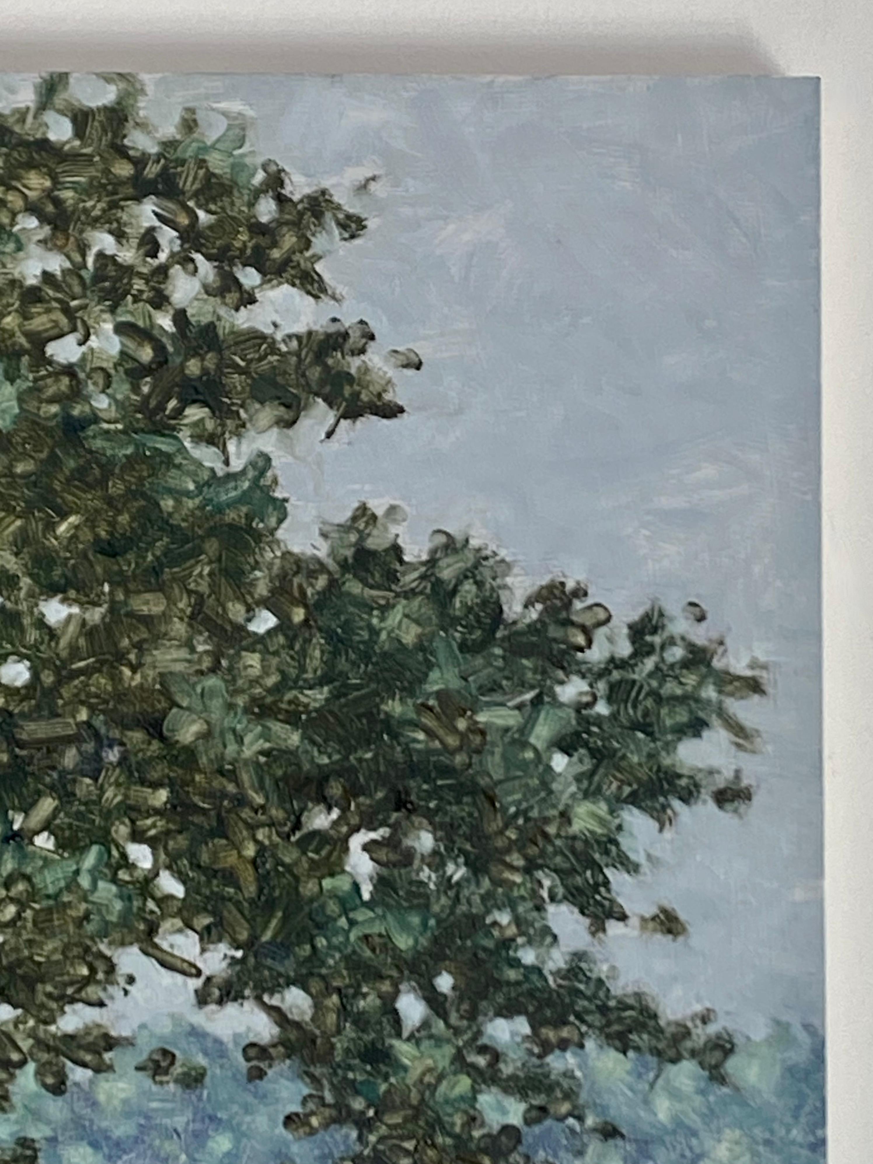 Field Painting September 12 - Green Tree Violet Purple Flowers Landscape, 2022 For Sale 5