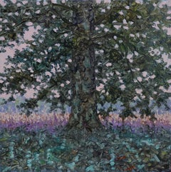 Field Painting September 14 2022, Landscape, Green Tree in Field, Purple Flowers