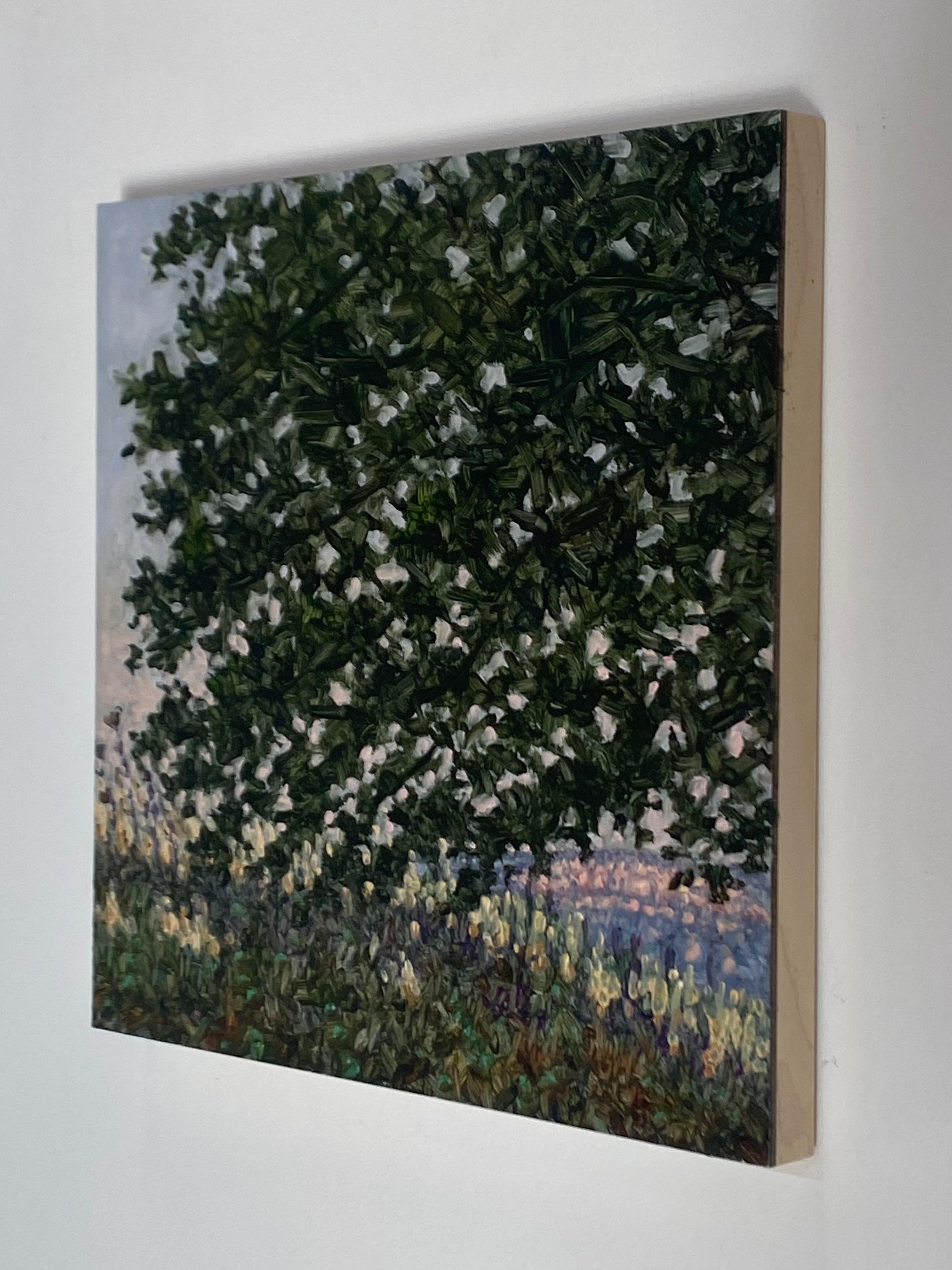 Pittura di campo del 15 settembre 2022, fiori di campo viola lavanda, albero verde Hunter in vendita 5