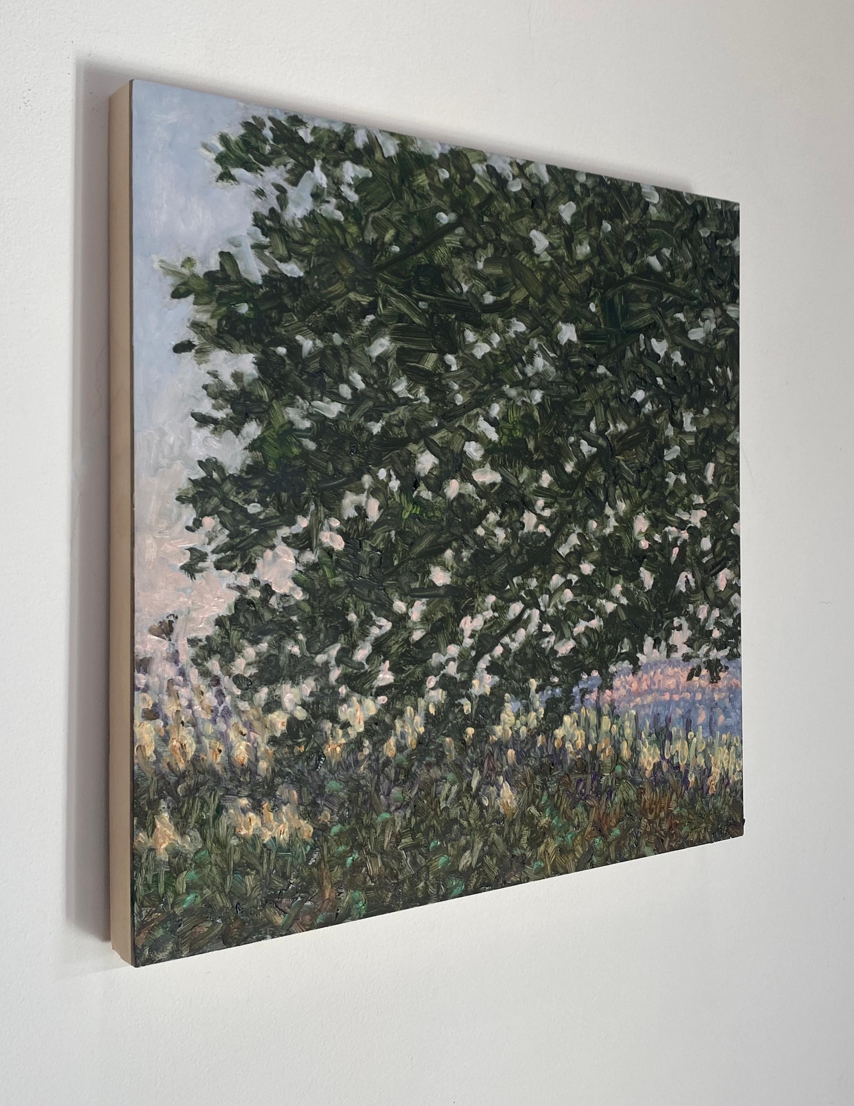 Pittura di campo del 15 settembre 2022, fiori di campo viola lavanda, albero verde Hunter - Painting Contemporaneo di Thomas Sarrantonio