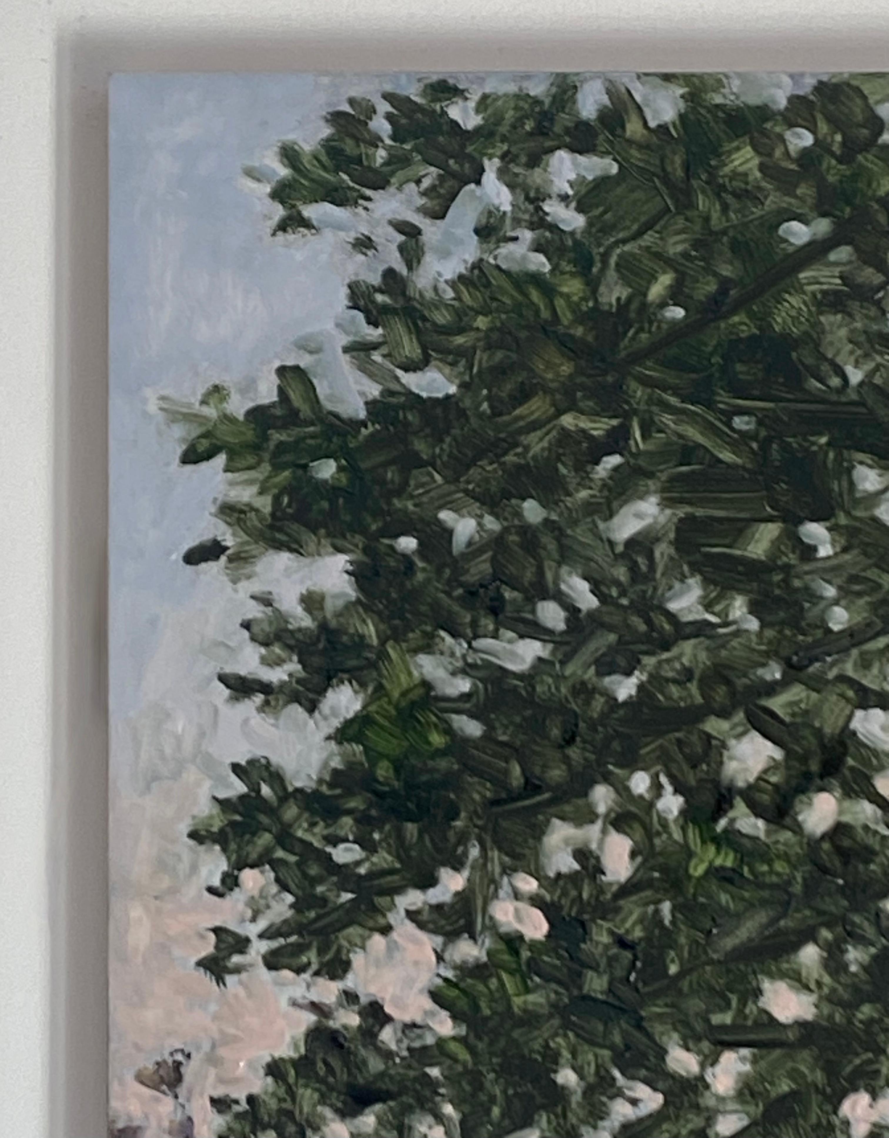 Pittura di campo del 15 settembre 2022, fiori di campo viola lavanda, albero verde Hunter - Landscape Painting Nero di Thomas Sarrantonio
