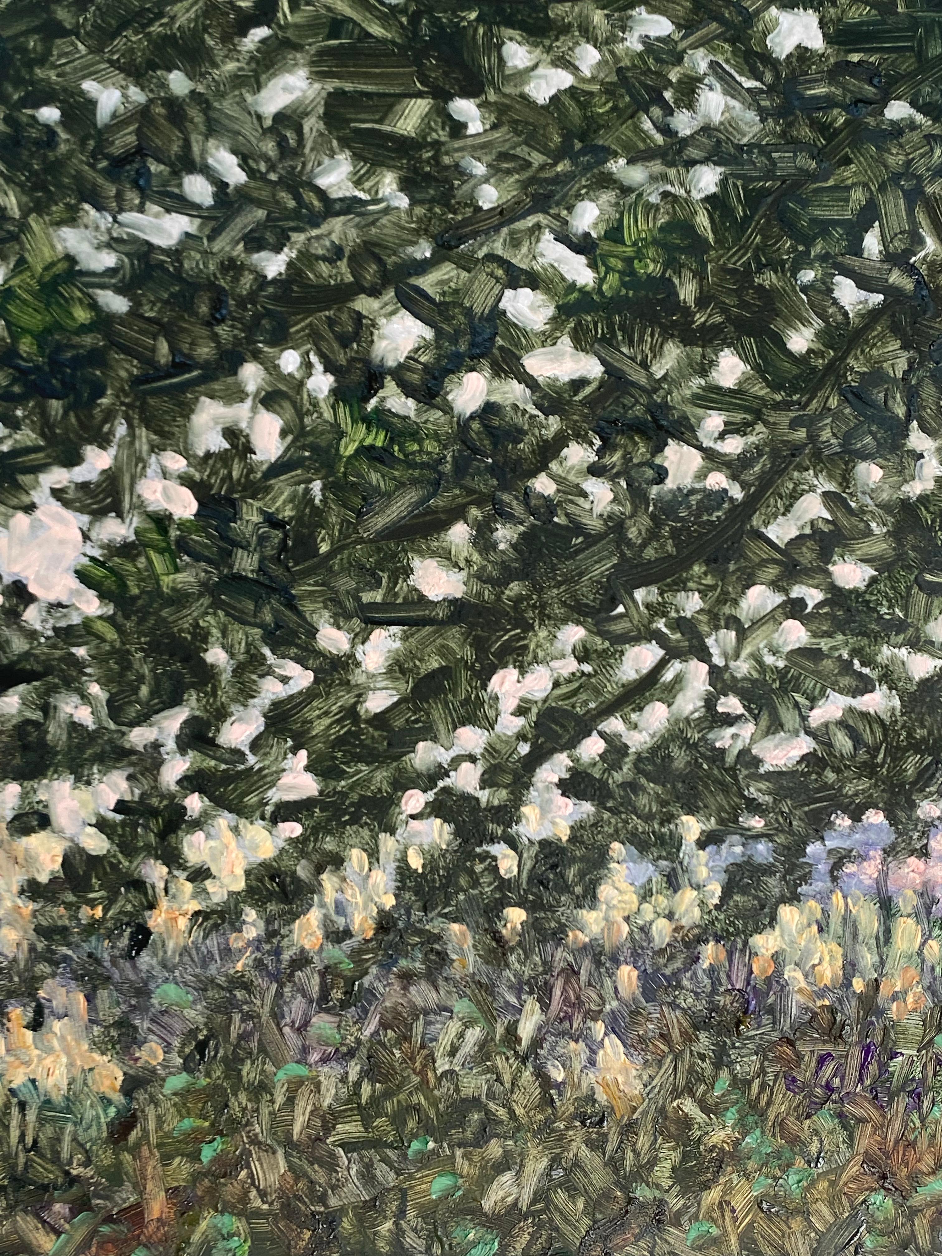 Field Painting September 15 2022, Purple Lavender Wildflowers, Hunter Green Tree For Sale 3