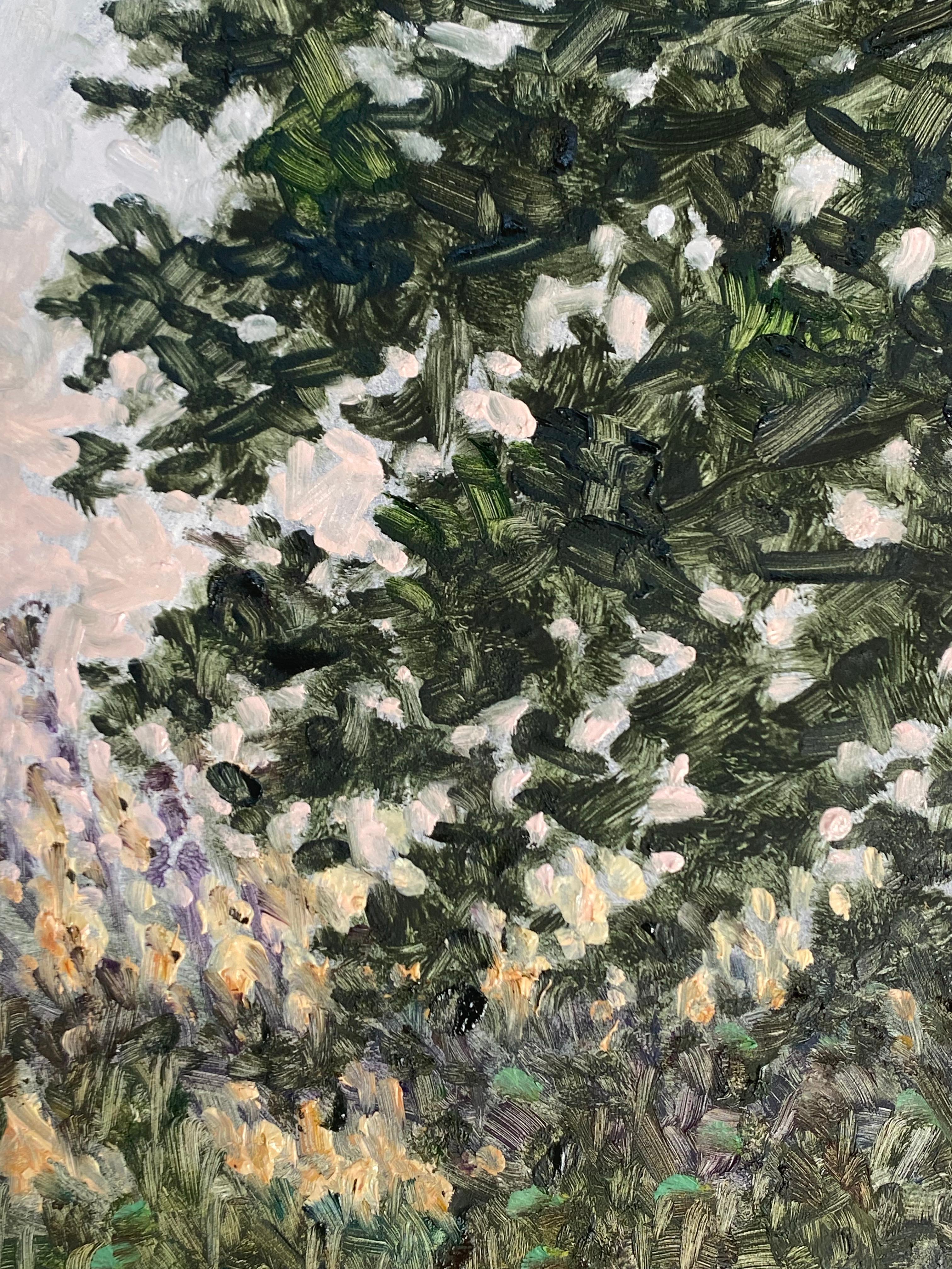 Pittura di campo del 15 settembre 2022, fiori di campo viola lavanda, albero verde Hunter in vendita 3