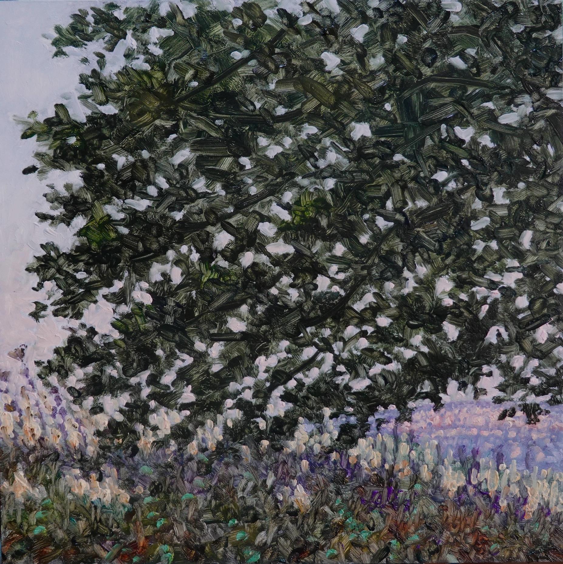 Thomas Sarrantonio Landscape Painting - Field Painting September 15 2022, Purple Lavender Wildflowers, Hunter Green Tree
