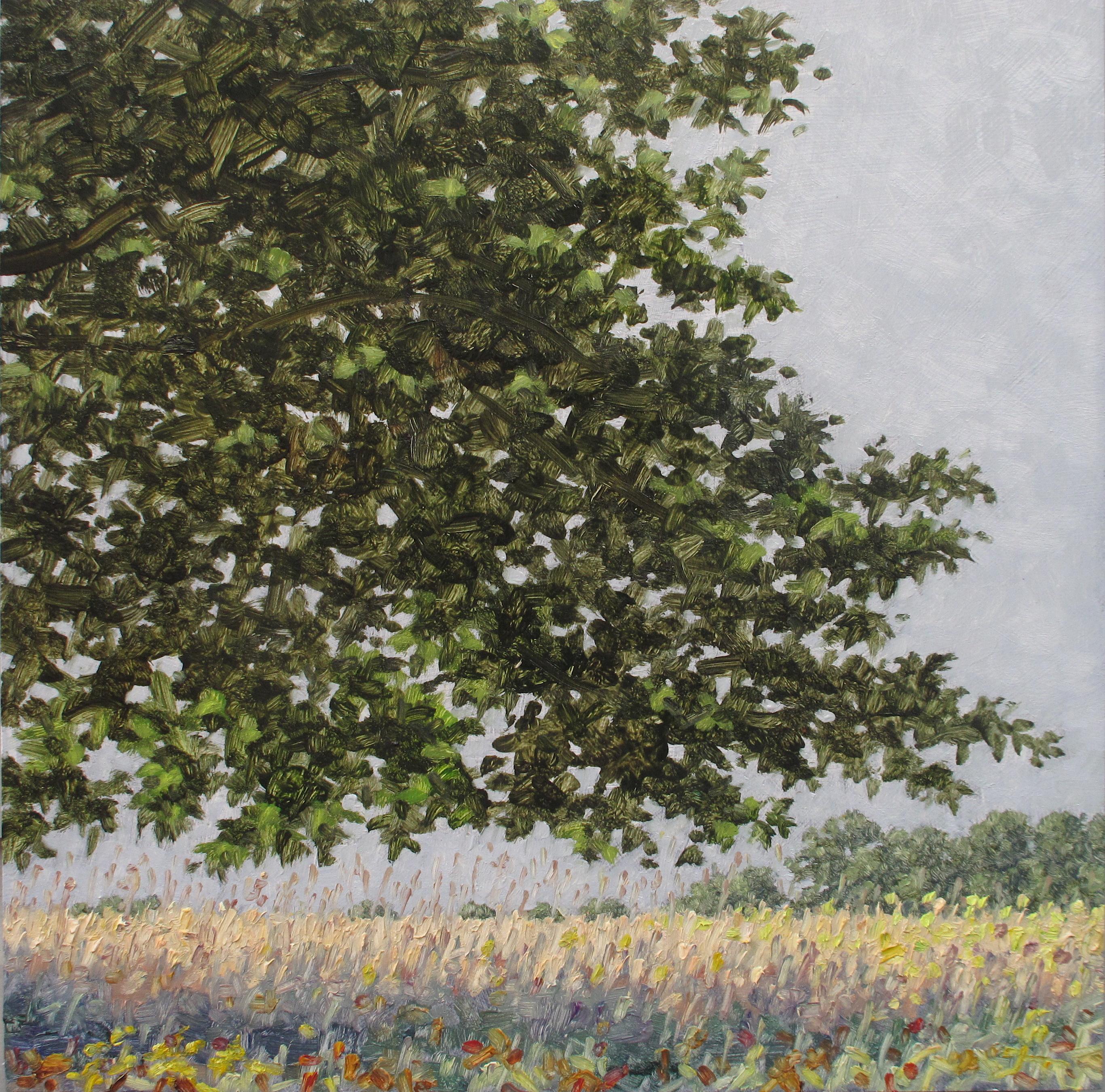 Thomas Sarrantonio Landscape Painting - Field Painting September 18 2020, Lilac Flowers, Yellow Green Grass, Trees