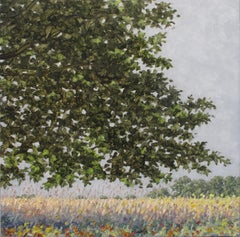 Field Painting September 18 2020, Landscape, Violet Flowers, Green Field, Trees