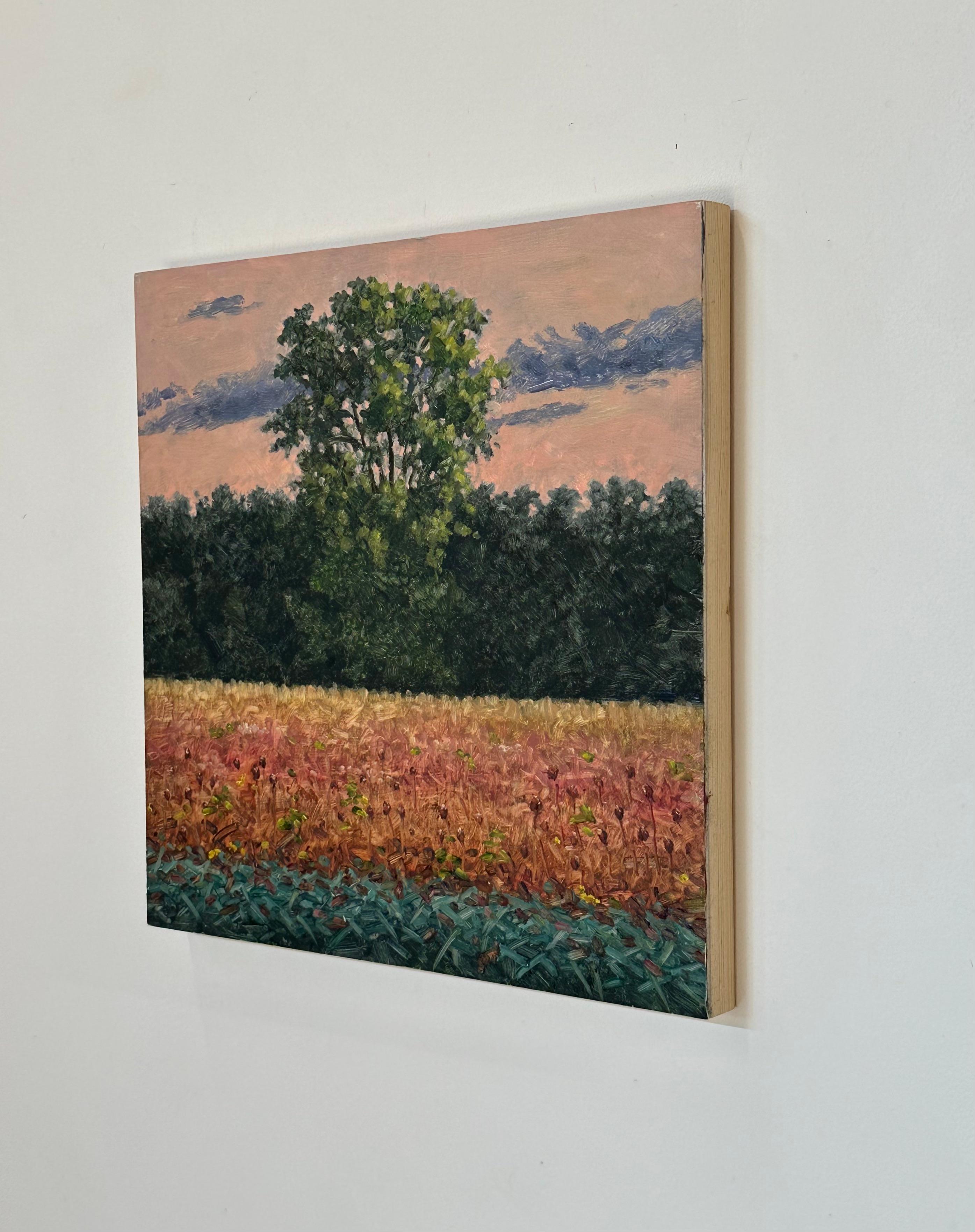 In this contemporary landscape painting in oil on panel, a peaceful autumn scene is set, beautifully capturing the idyllic feel of a field in September. Signed, dated and titled on verso.

The paintings of Thomas Sarrantonio seek to mediate between