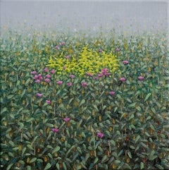 Pintura de campo 19 de septiembre - Paisaje contemporáneo Flores rosa amarillas, 2025