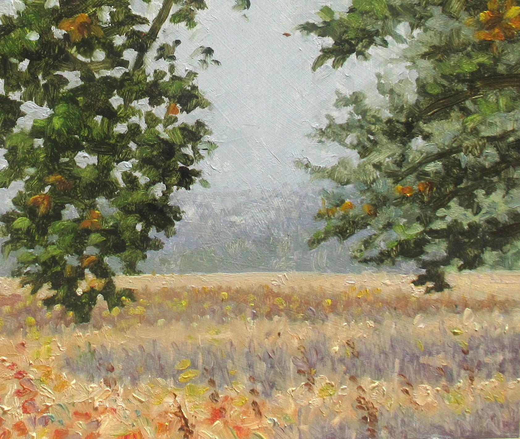 Field Painting September 22 2020, Botanical, Green Tree, Golden Grass, Autumn For Sale 4