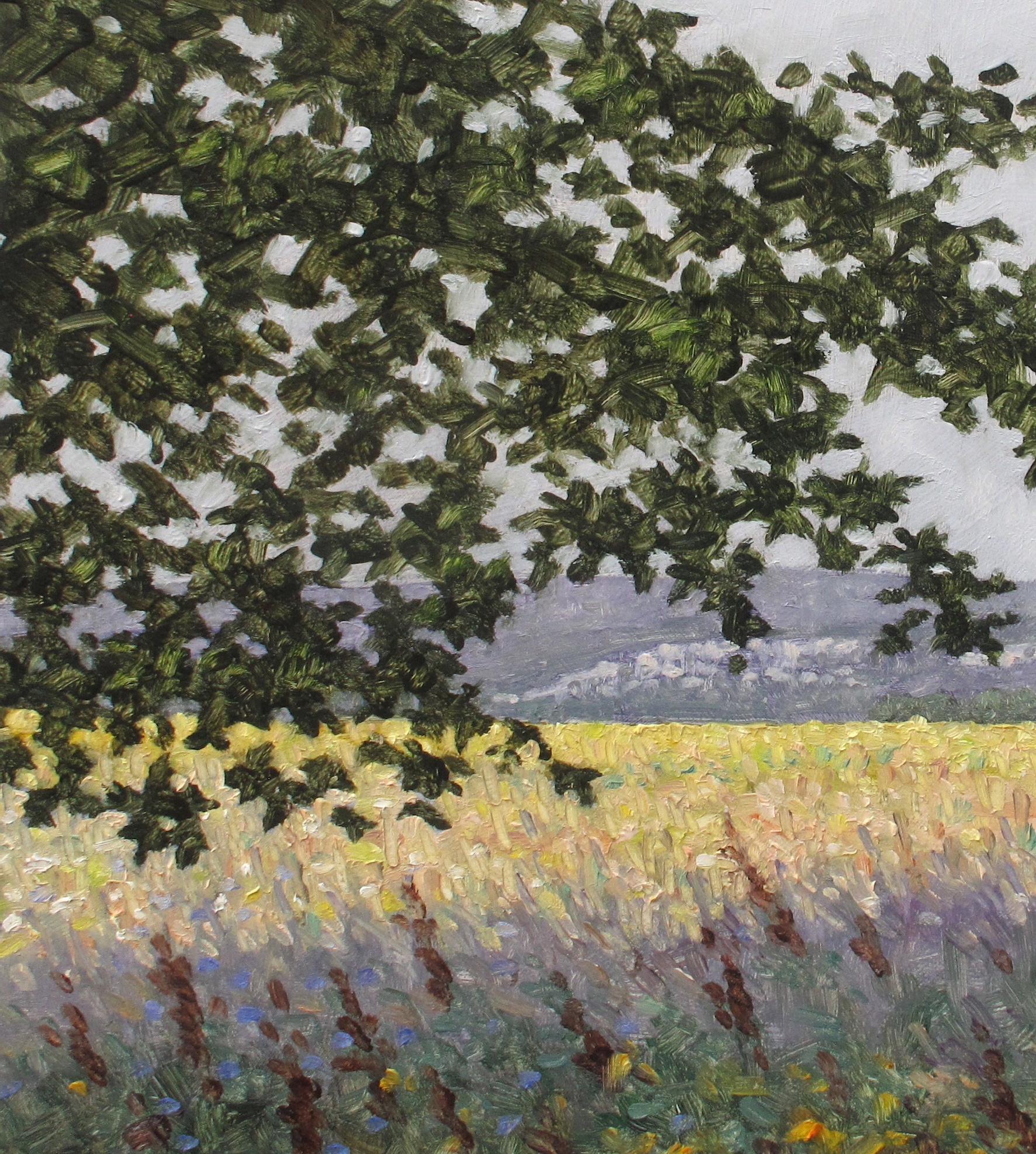 Field Painting September 9 2020, Green Tree, Yellow Grass, Lavender Flowers - Gray Landscape Painting by Thomas Sarrantonio