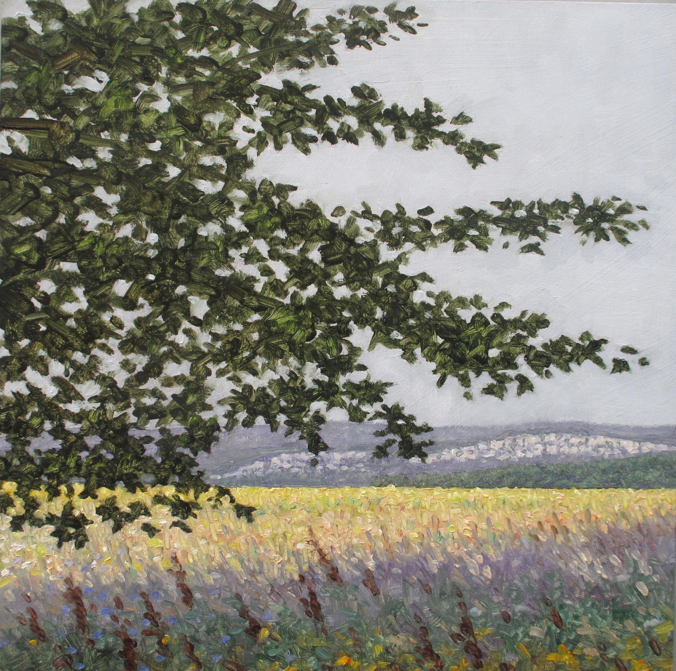 Thomas Sarrantonio Landscape Painting - Field Painting September 9 2020, Green Tree, Yellow Grass, Lavender Flowers