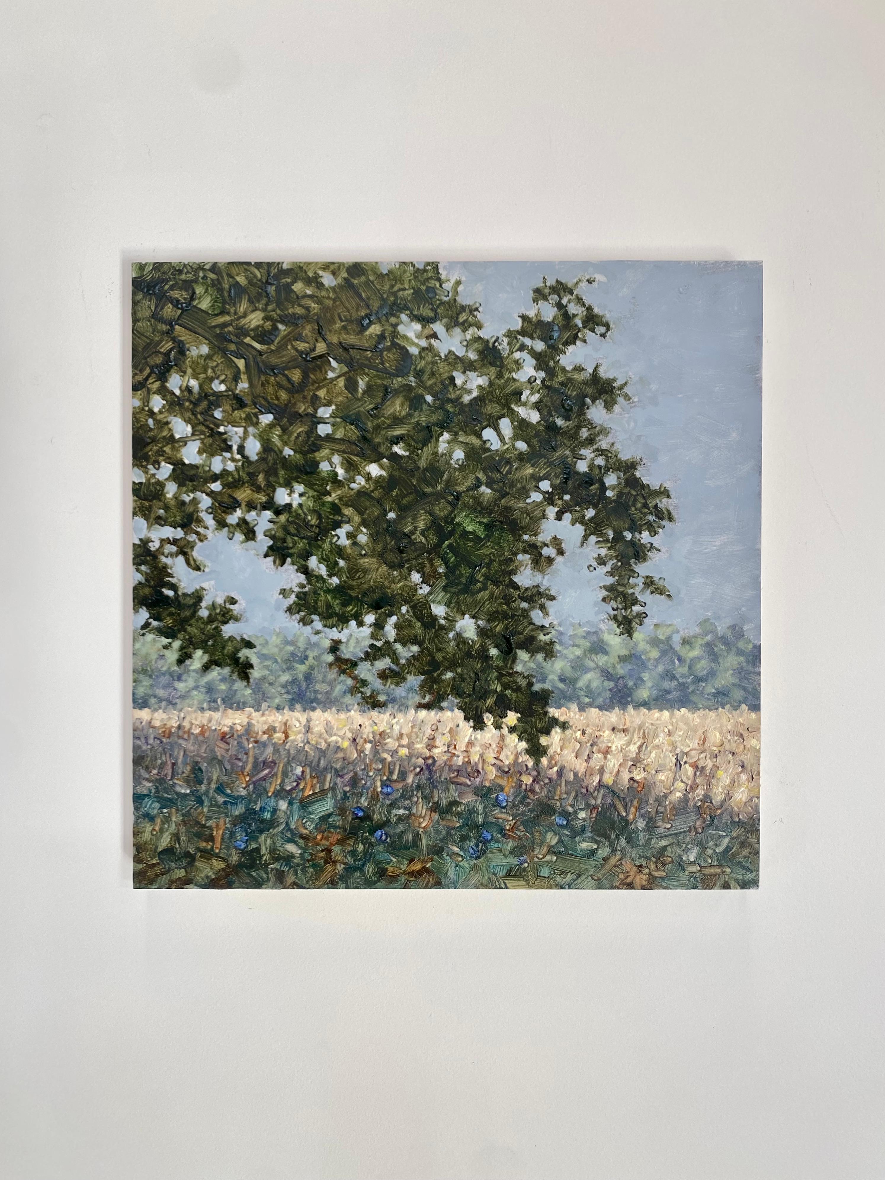 Field Painting September 9 2022, Green Tree, Brown Grass, Violet Blue Flowers - Gray Landscape Painting by Thomas Sarrantonio