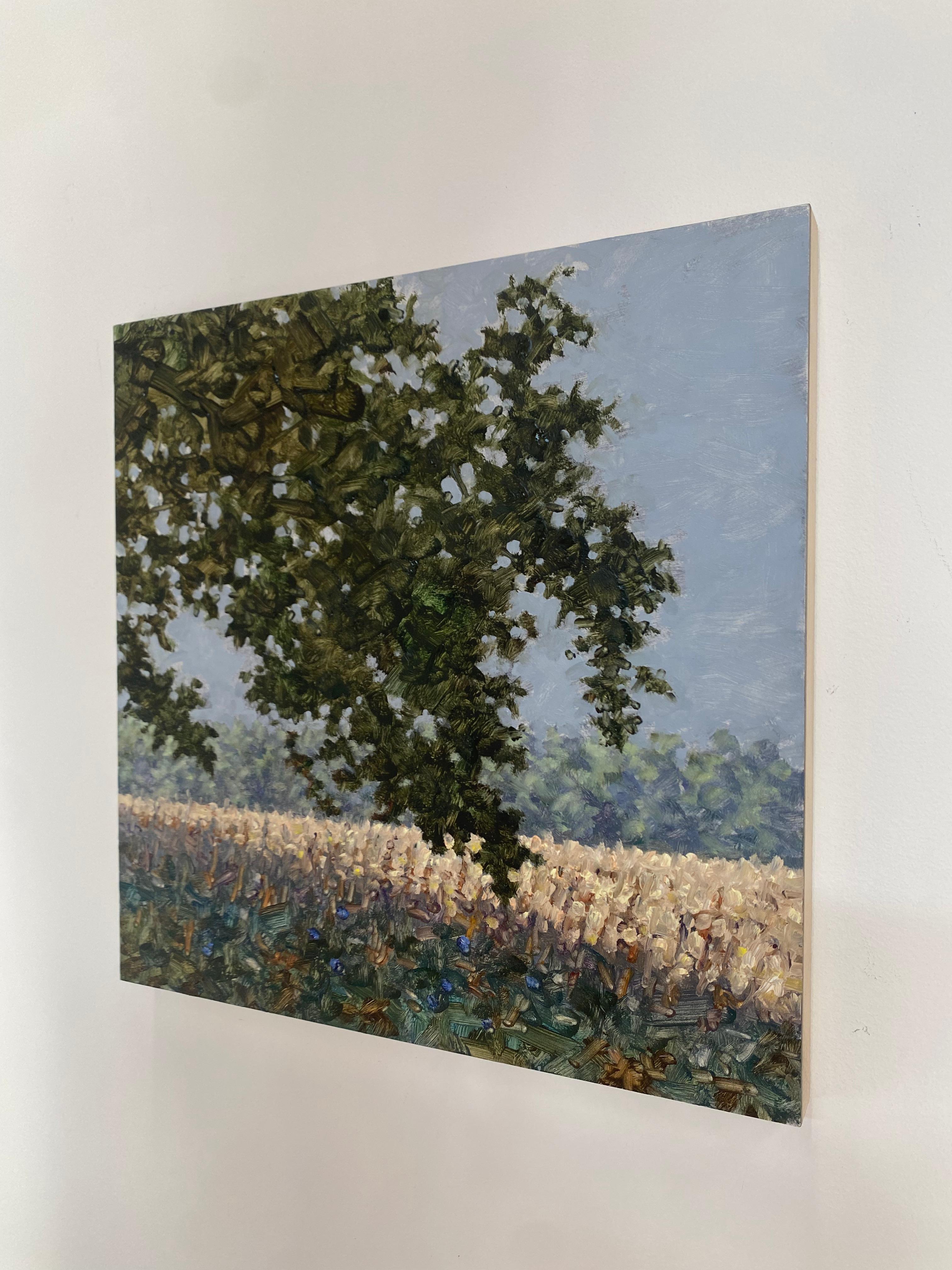 Field Painting September 9 2022, Green Tree, Brown Grass, Violet Blue Flowers For Sale 6