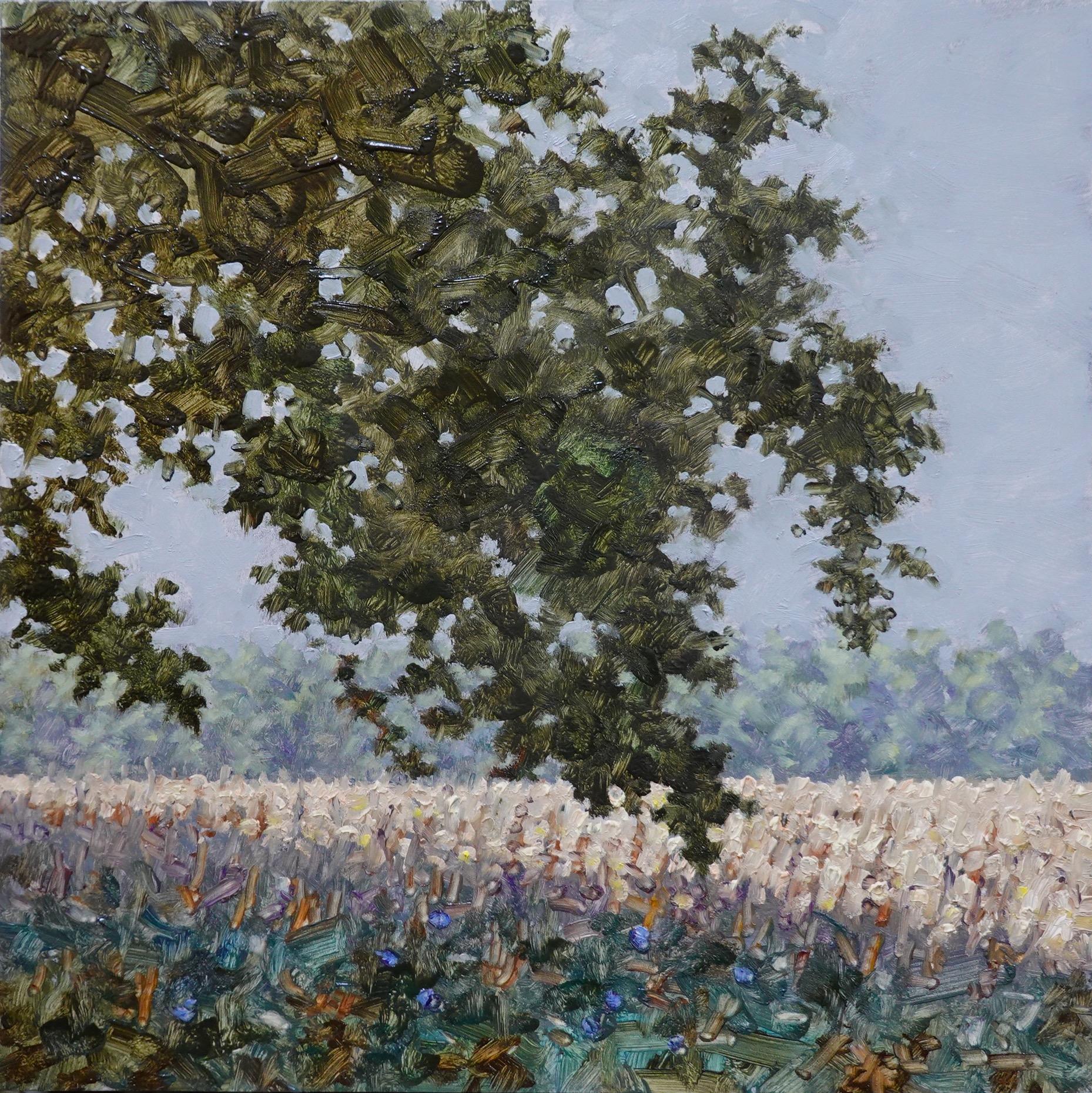 Thomas Sarrantonio Landscape Painting - Field Painting September 9 2022, Green Tree, Brown Grass, Violet Blue Flowers
