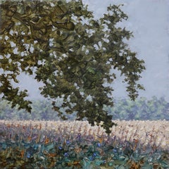 Field Painting September 9 2022, Landscape, Green Tree, Field, Violet Flowers