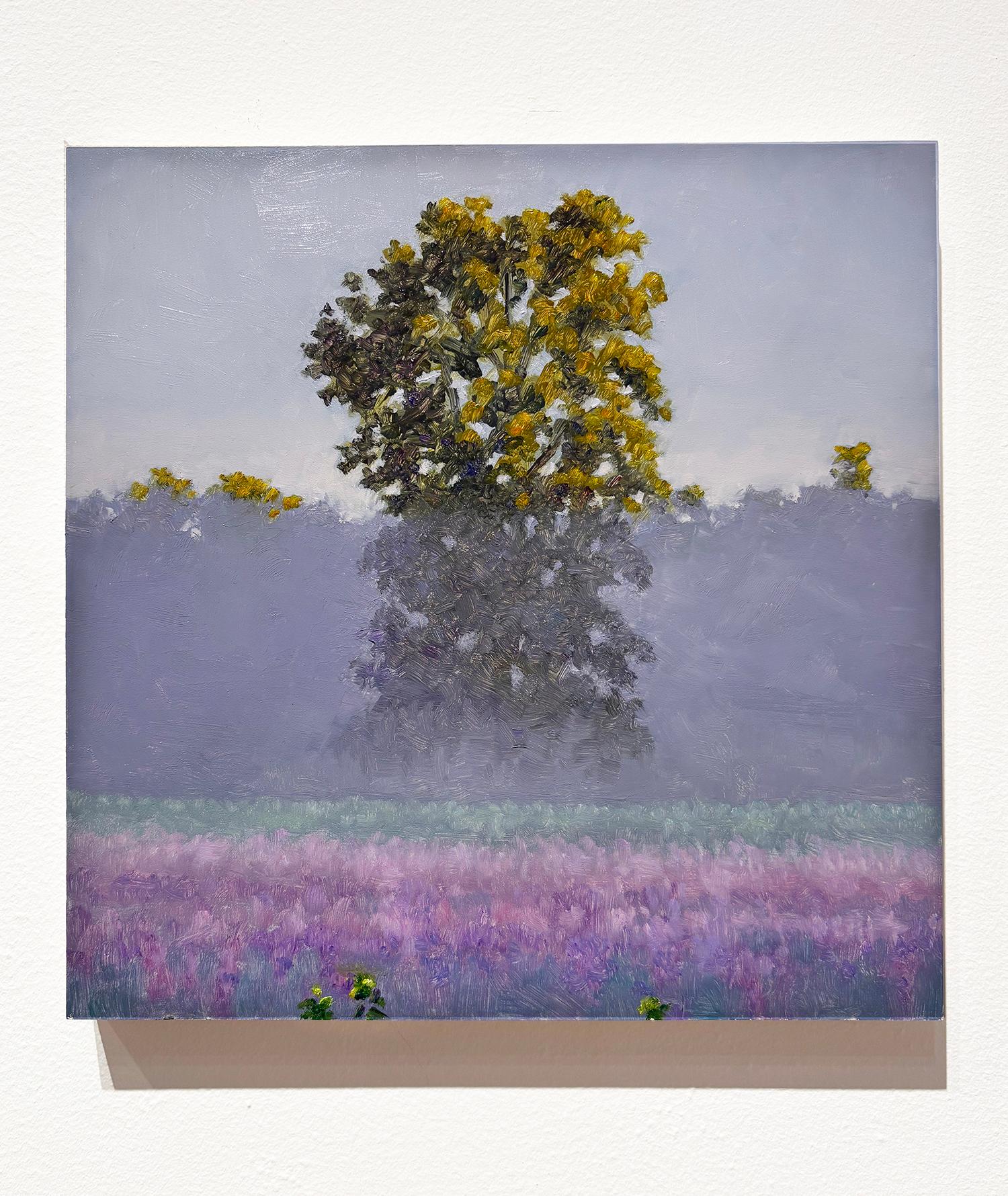 2 luglio: Paesaggio Plein Air dipinto a olio su tela con nebbia viola in estate - Painting di Thomas Sarrantonio