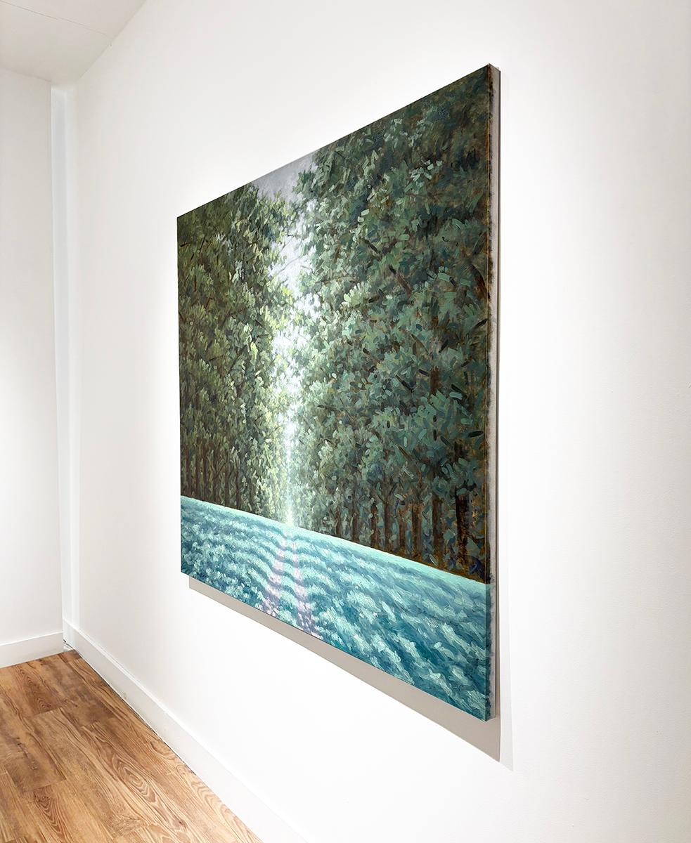 Modern impressionist style plein air landscape painting on canvas of path through the forest 
