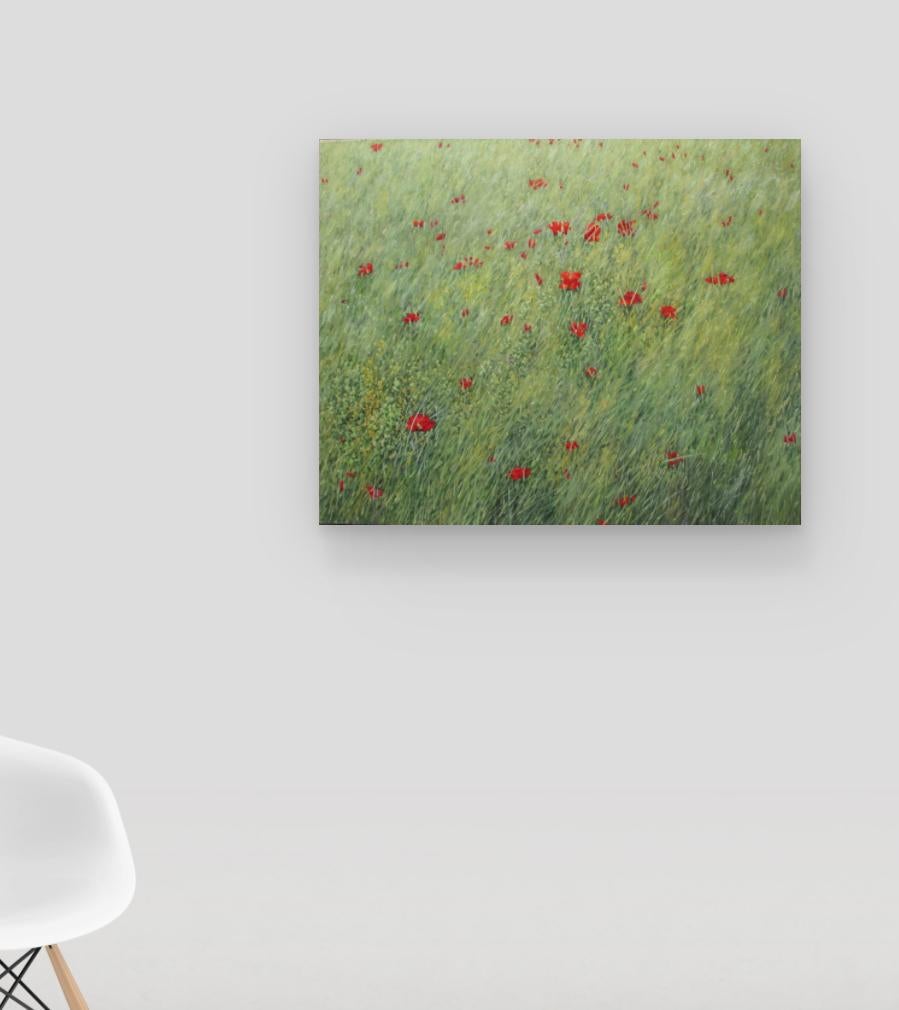 Poppies, Botanical Landscape Painting, Green Field, Red Poppy Flowers For Sale 11