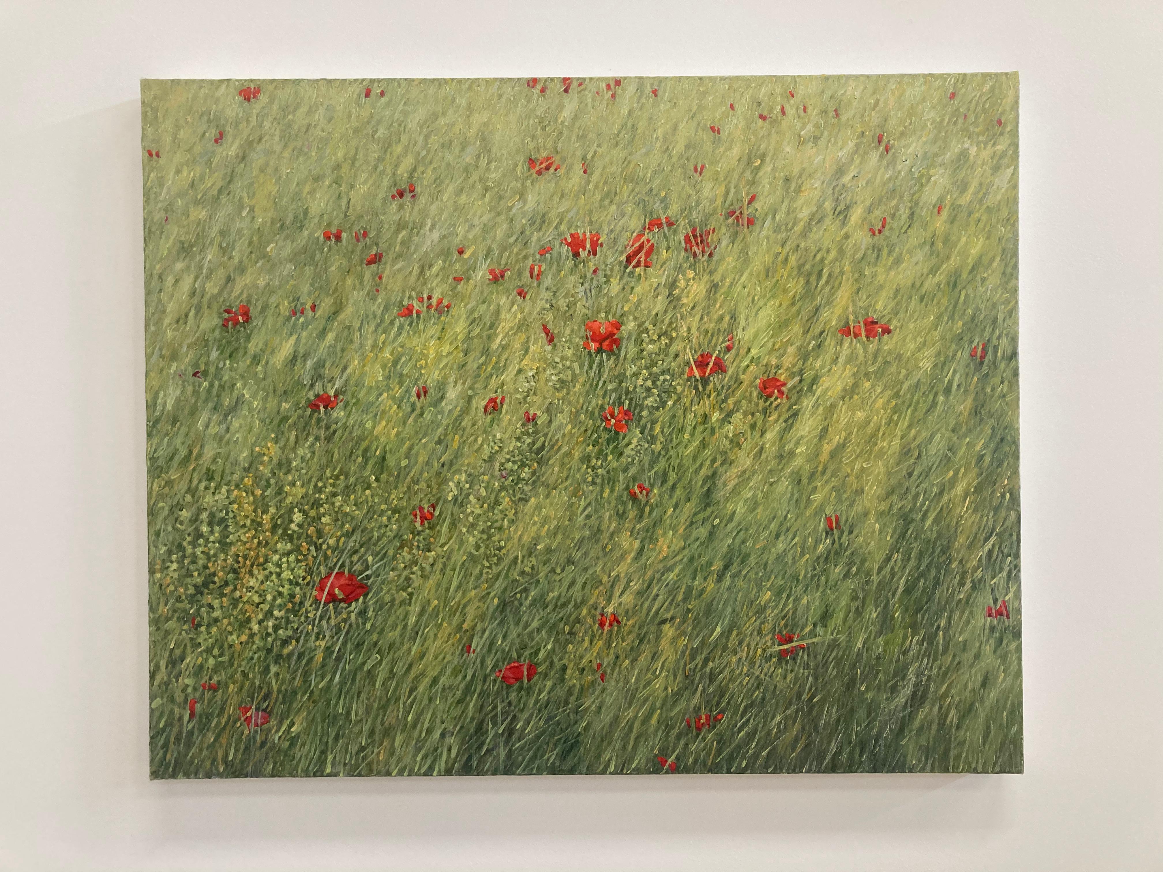 Poppies, Botanical Landscape Painting, Green Field, Red Poppy Flowers For Sale 1