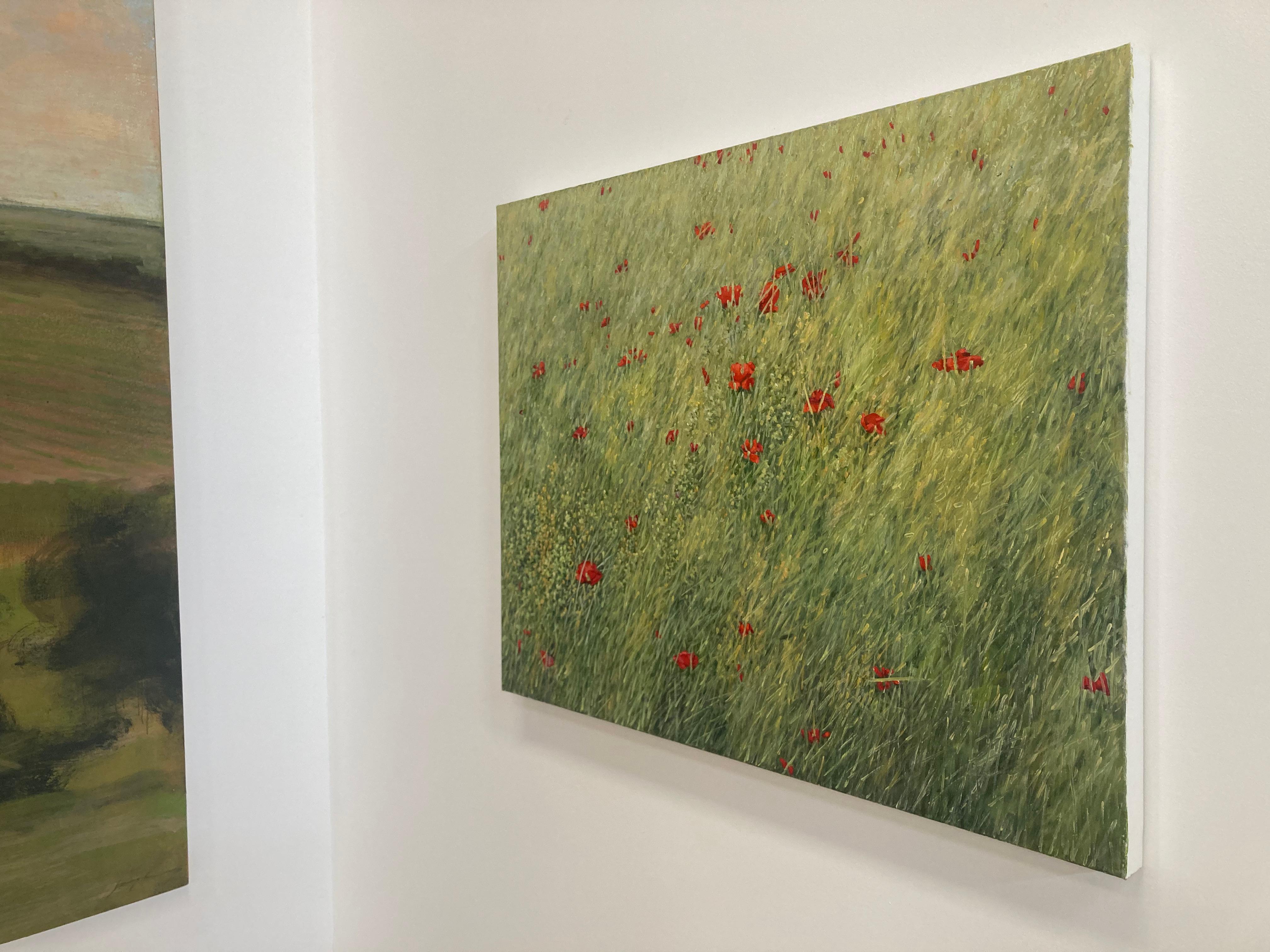 Poppies, Botanical Landscape Painting, Green Field, Red Poppy Flowers For Sale 2