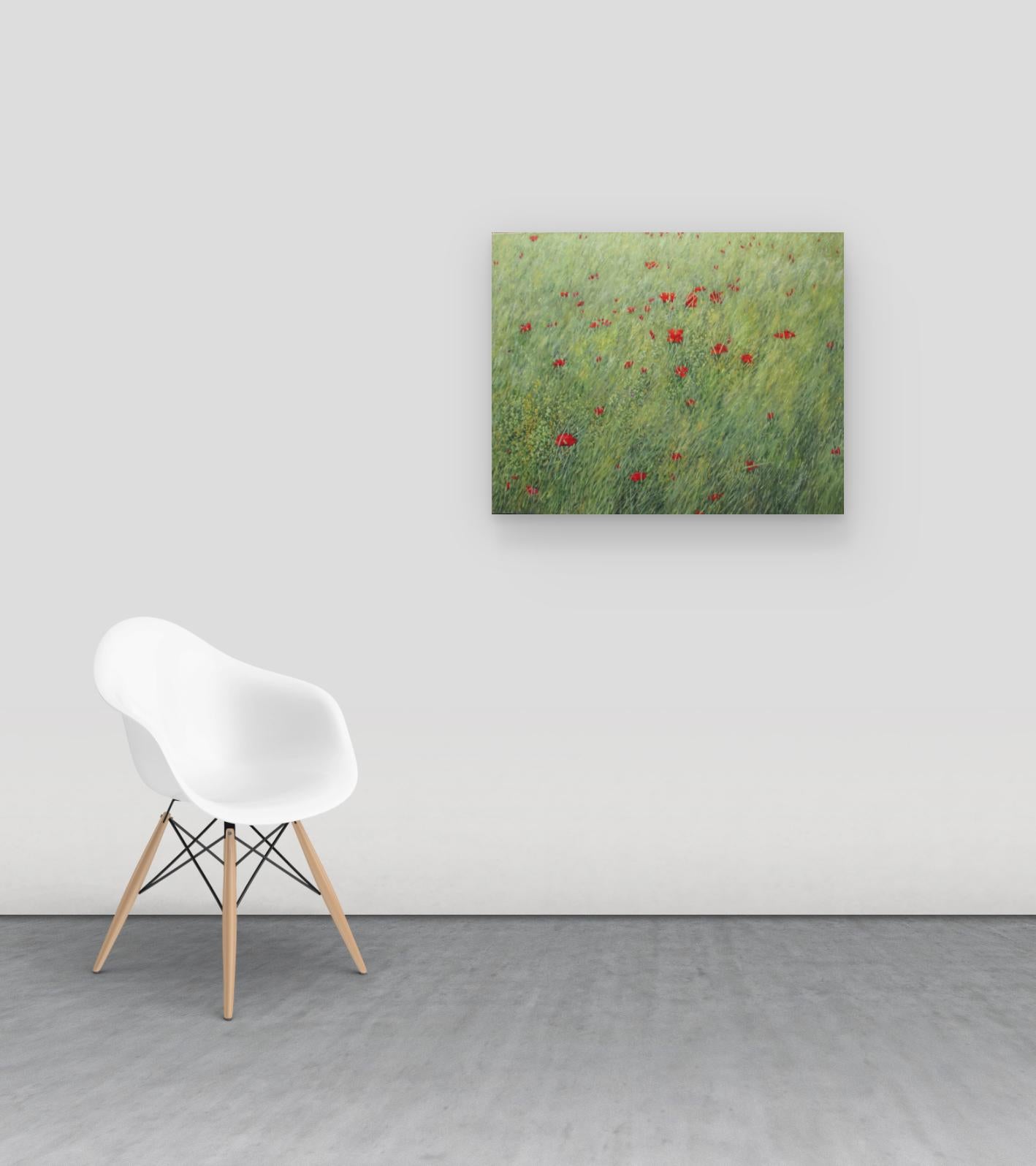 Poppies, Botanical Landscape Painting, Green Field, Red Poppy Flowers For Sale 4