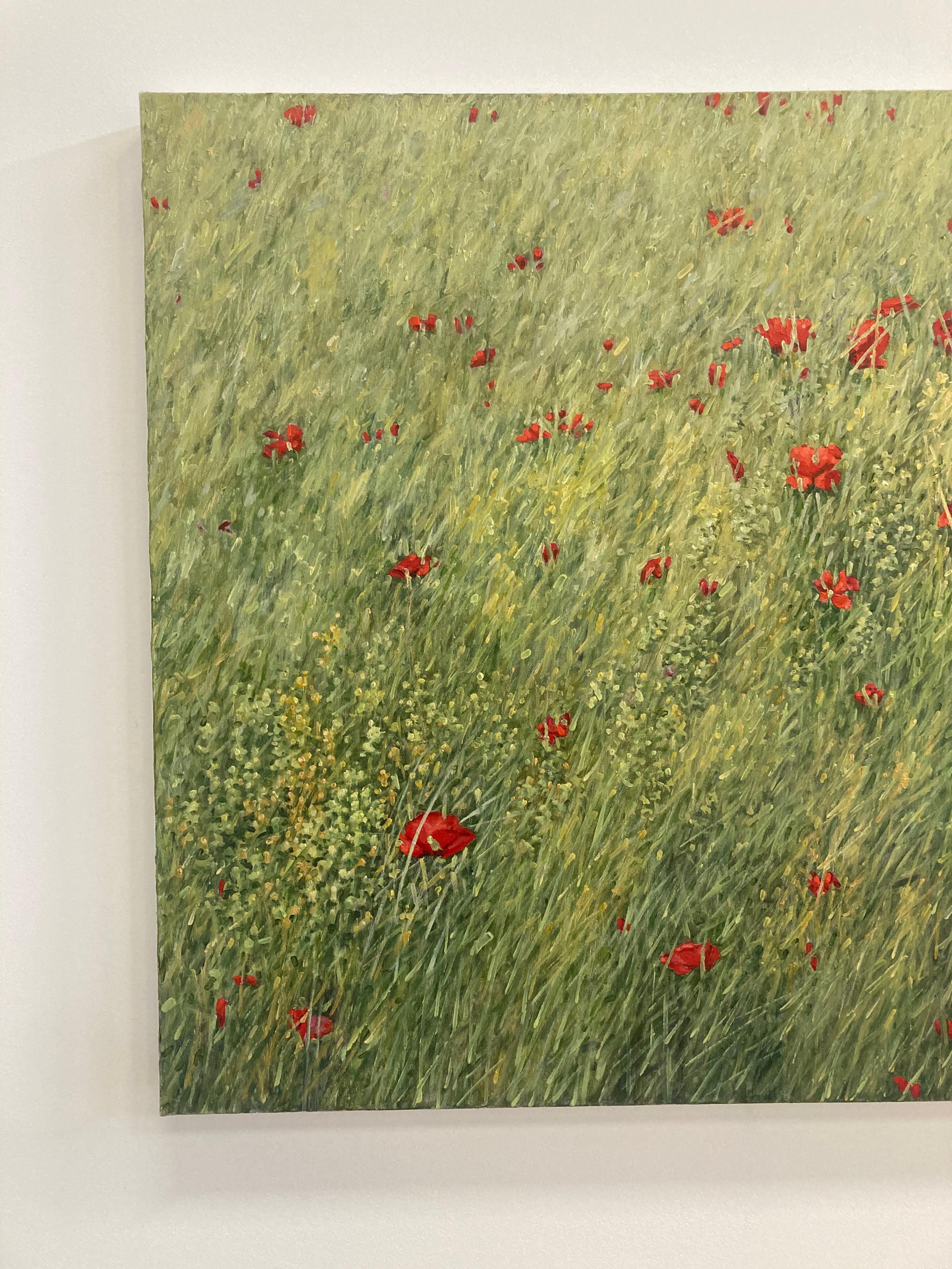 Poppies, Botanical Landscape Painting, Green Field, Red Poppy Flowers For Sale 5