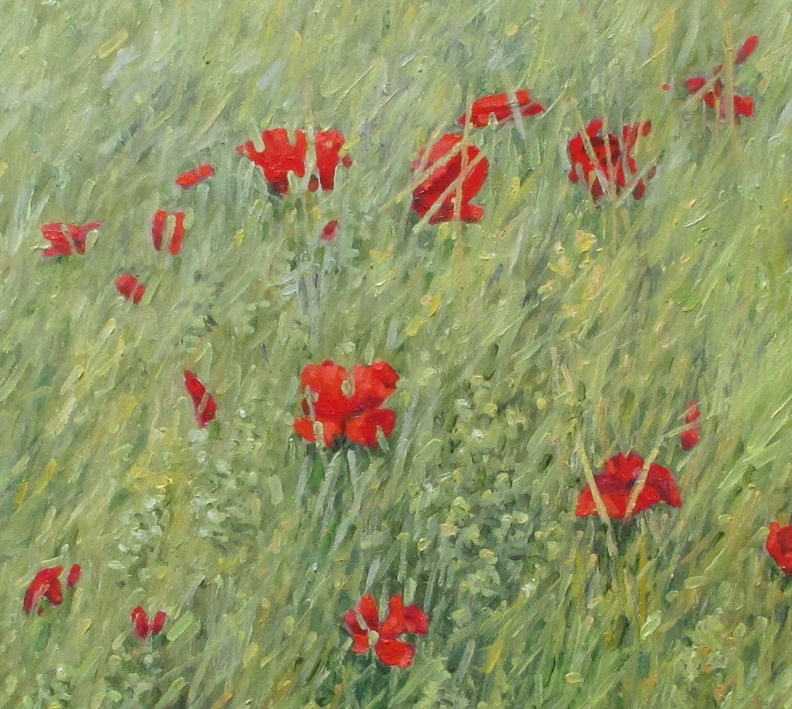 Poppies, Botanical Landscape Painting, Green Field, Red Poppy Flowers For Sale 6