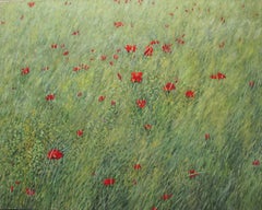 Poppies, Botanical Landscape Painting, Green Field, Red Poppy Flowers